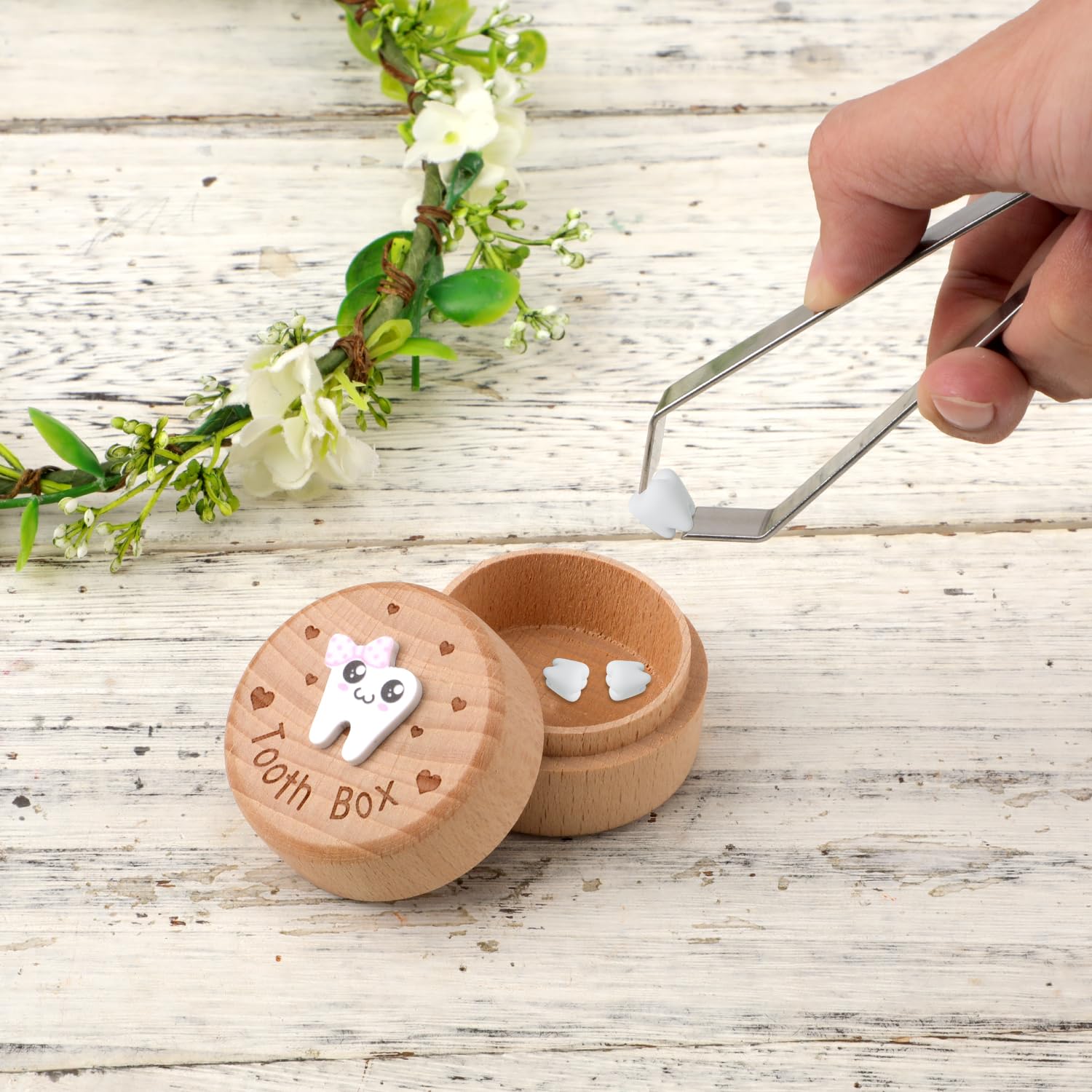 Boîte de Rangement de Dents Sculptées en 3D Bois, Support Souvenirs pour Enfants Cadeau (Filles)