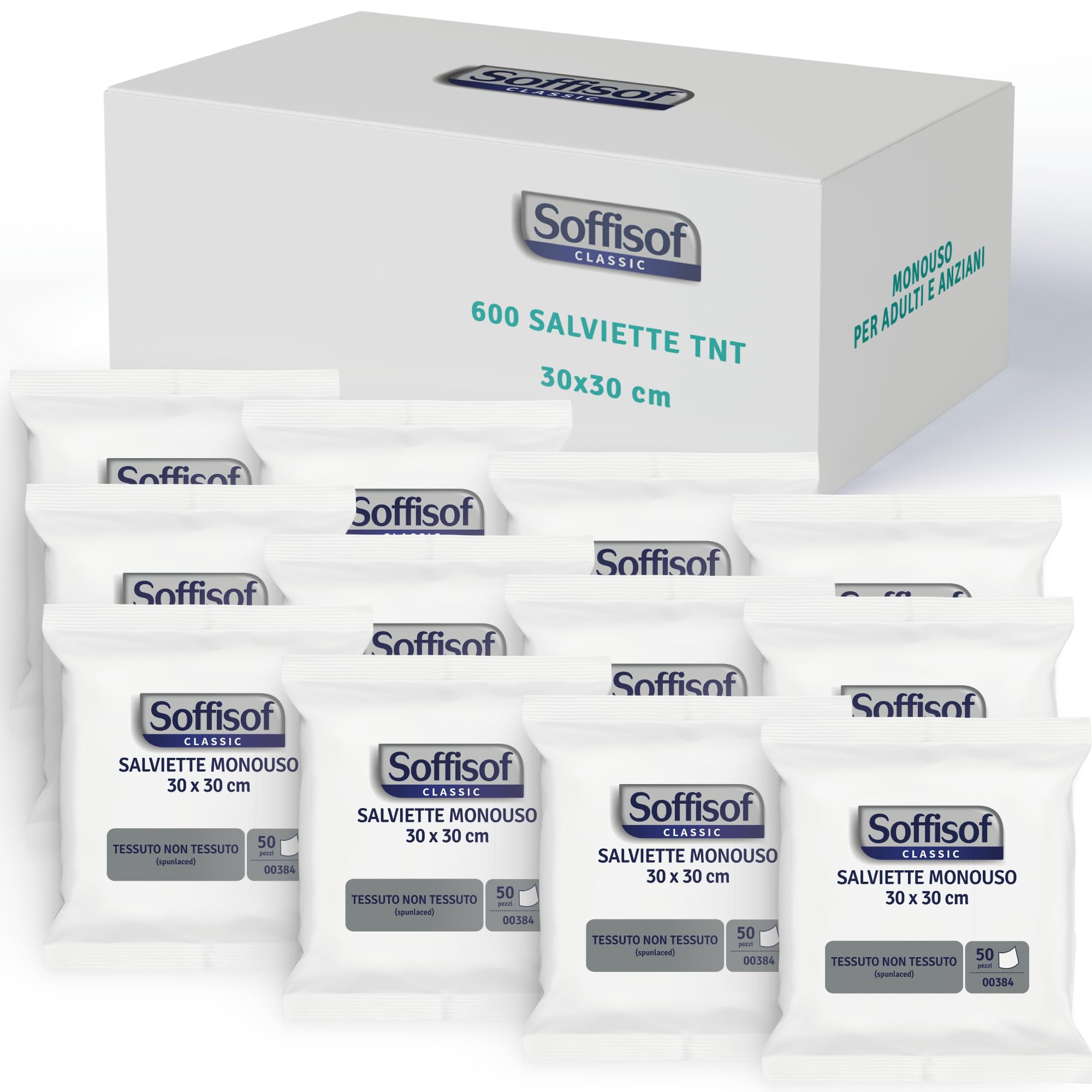 Soffisof 600x Salviette Monouso in TNT 30x30 cm - Resistenti e Morbide - Igiene Quotidiana - 12 Confezioni da 50 Pezzi - Uso Domestico e Professionale