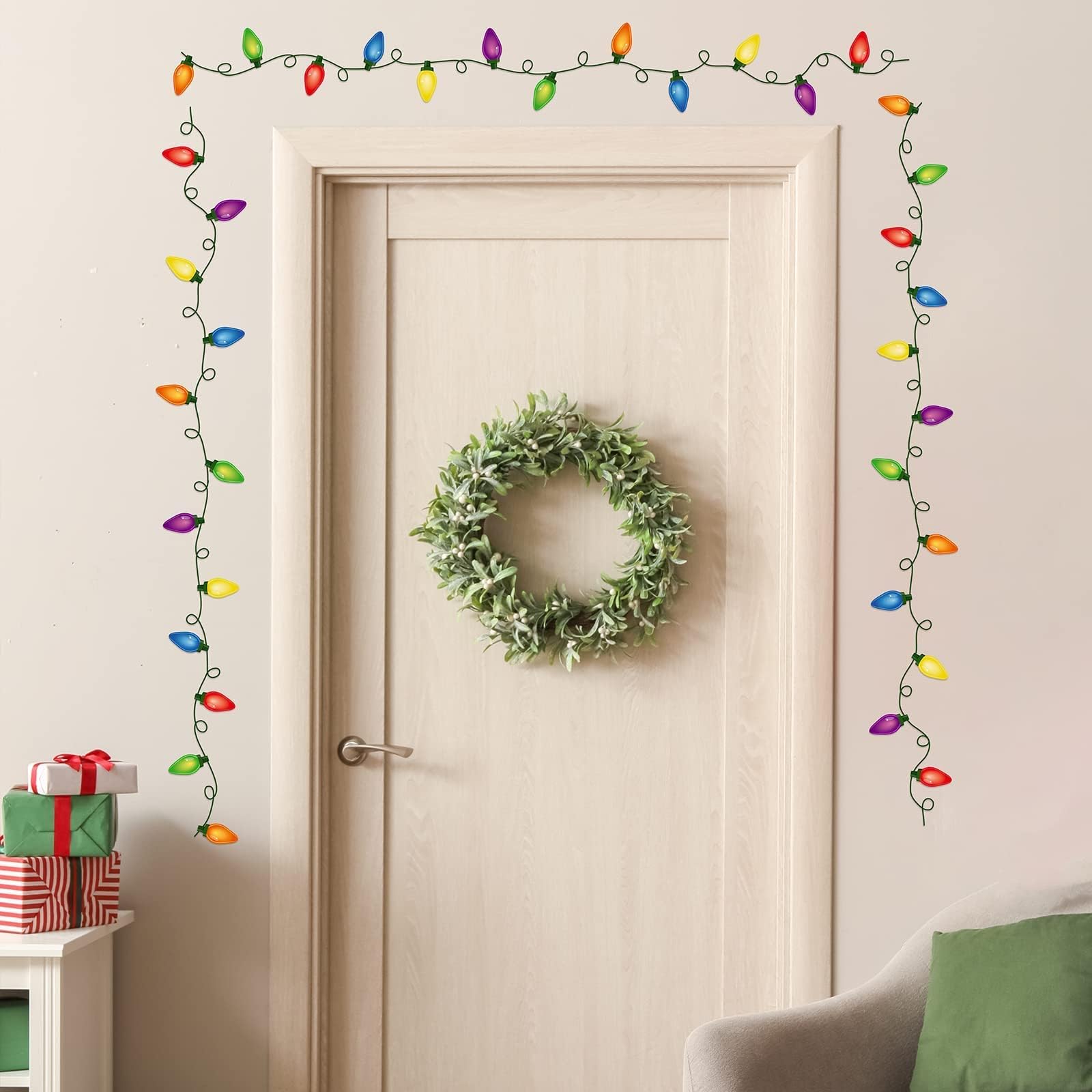 4 hojas de calcomanías de pared de Navidad de PVC, calcomanías de Navidad para ventana, luces de bombilla, calcomanías de pared, suministros de fiesta, ventana, puerta, nevera, vacaciones, decoración