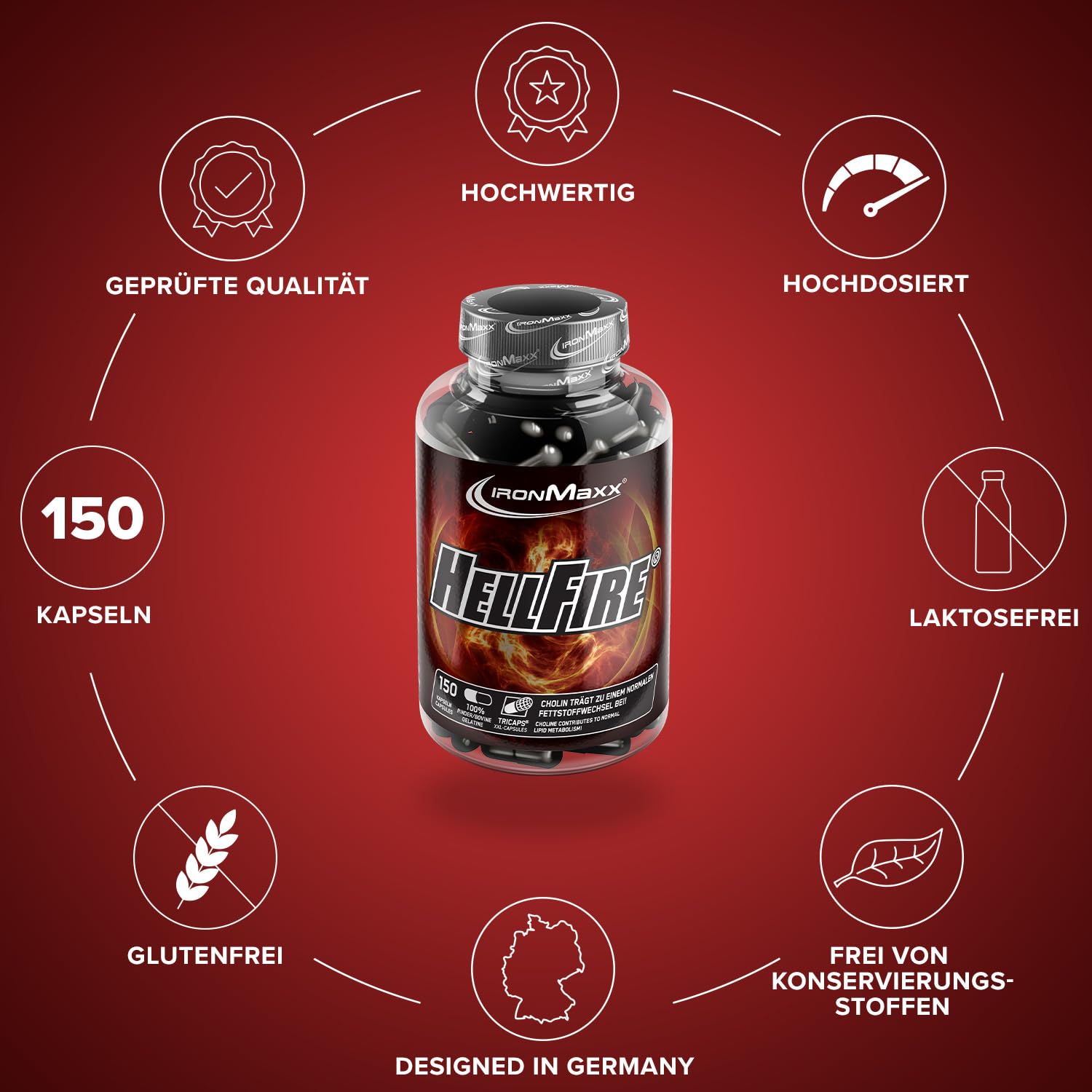 IronMaxx Hellfire – 150 Kapseln | Nahrungsergänzungsmittel mit Pflanzenextrakten, Koffein, Niacin und Cholin | Für aktive Phasen | Hochdosierte Rezeptur
