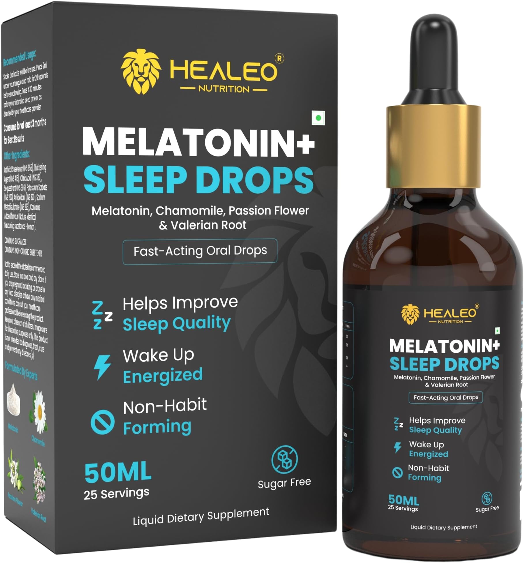 Healeo Melatonin 10mg Sleep Drops for Deep Sleep, Stress & Anxiety Relief | With Chamomile, Passion Flower & Valerian Root | Safe & Non Habit Forming - 50ml