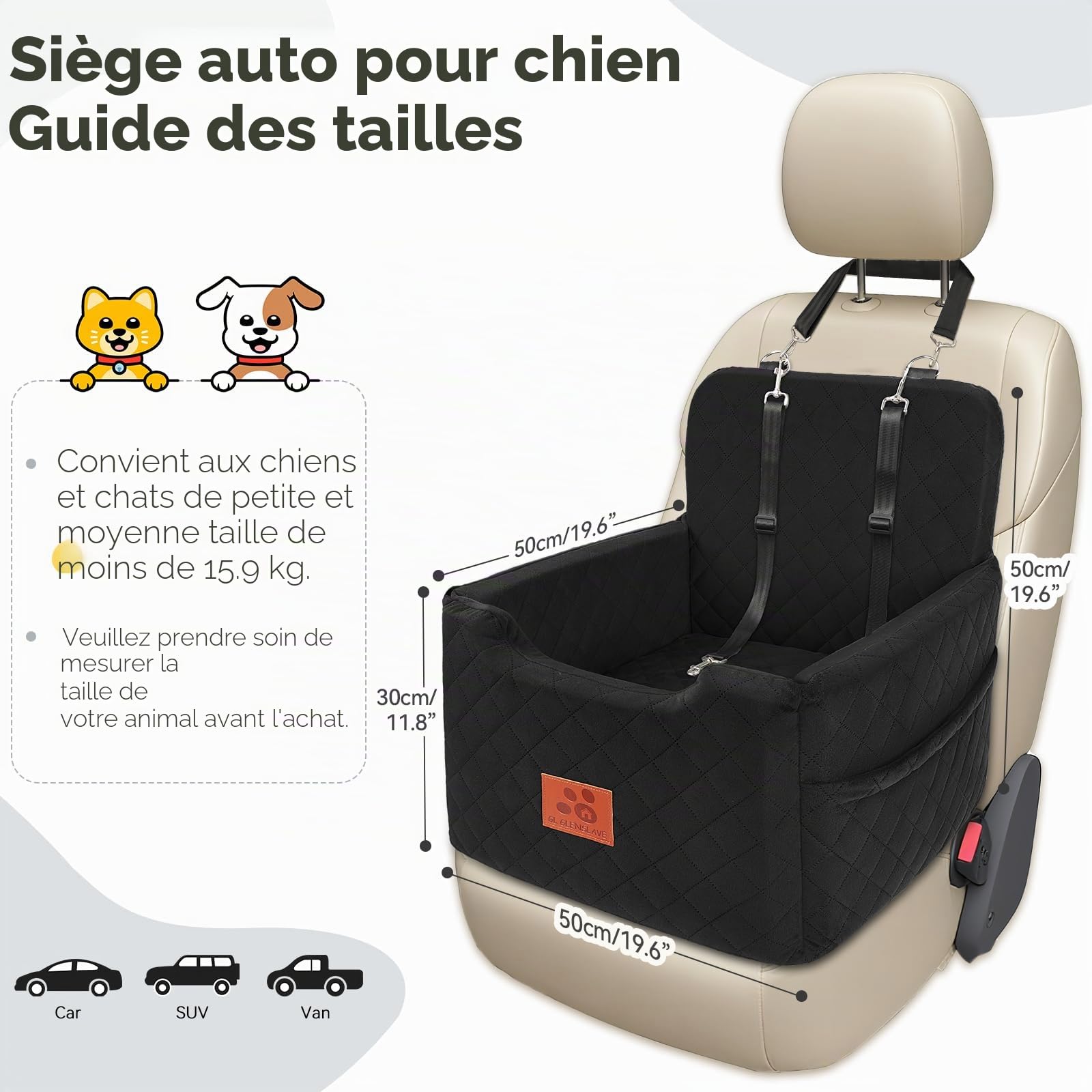 GL GLENSLAVE Siège auto pour chiens de petite et moyenne taille de moins de 15,9 kg, siège rehausseur en mousse à mémoire de forme, amovible et lavable, lit pour chien avec 2 ceintures de sécurité