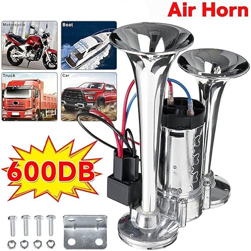Miniatura 2 de Kit de bocina de aire de tren de camión de 12 V, 600 DB, trompetas duales, súper fuerte, kit de bocina de aire para coche eléctrico con compresor