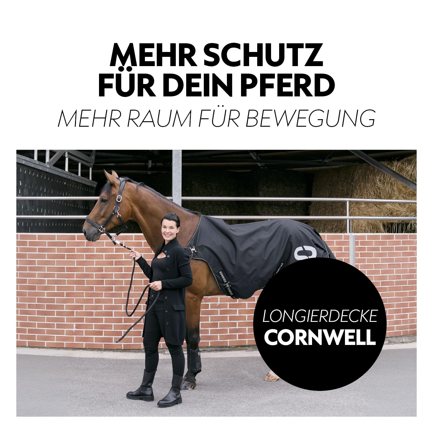 SUNRIDE Manta de Lluvia para Caballos 0g (Cornwell) - 100% Impermeable - 1200D - para Trabajo a la Cuerda y caminador de Caballos - Columna de Agua 3.000 mm - con Forro Polar (Negro,165 cm)