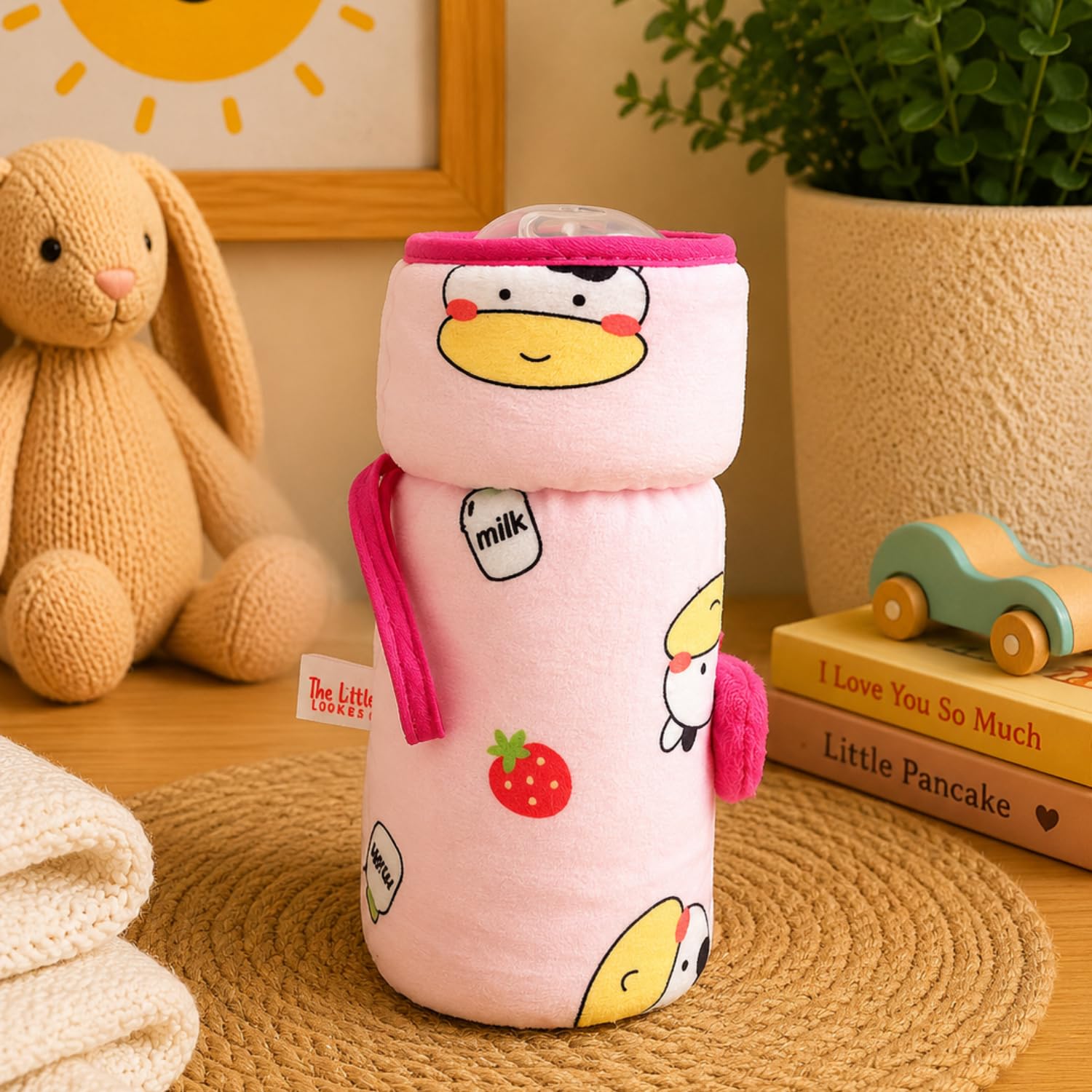 THE LITTLE LOOKERS Soft Plush Stretchable Baby Feeding Bottle Cover with Easy to Hold Strap | Cute Animated Overall Print Pack of 2 (Pink & Yellow, Wide Neck 240-330ml/8-11oz)