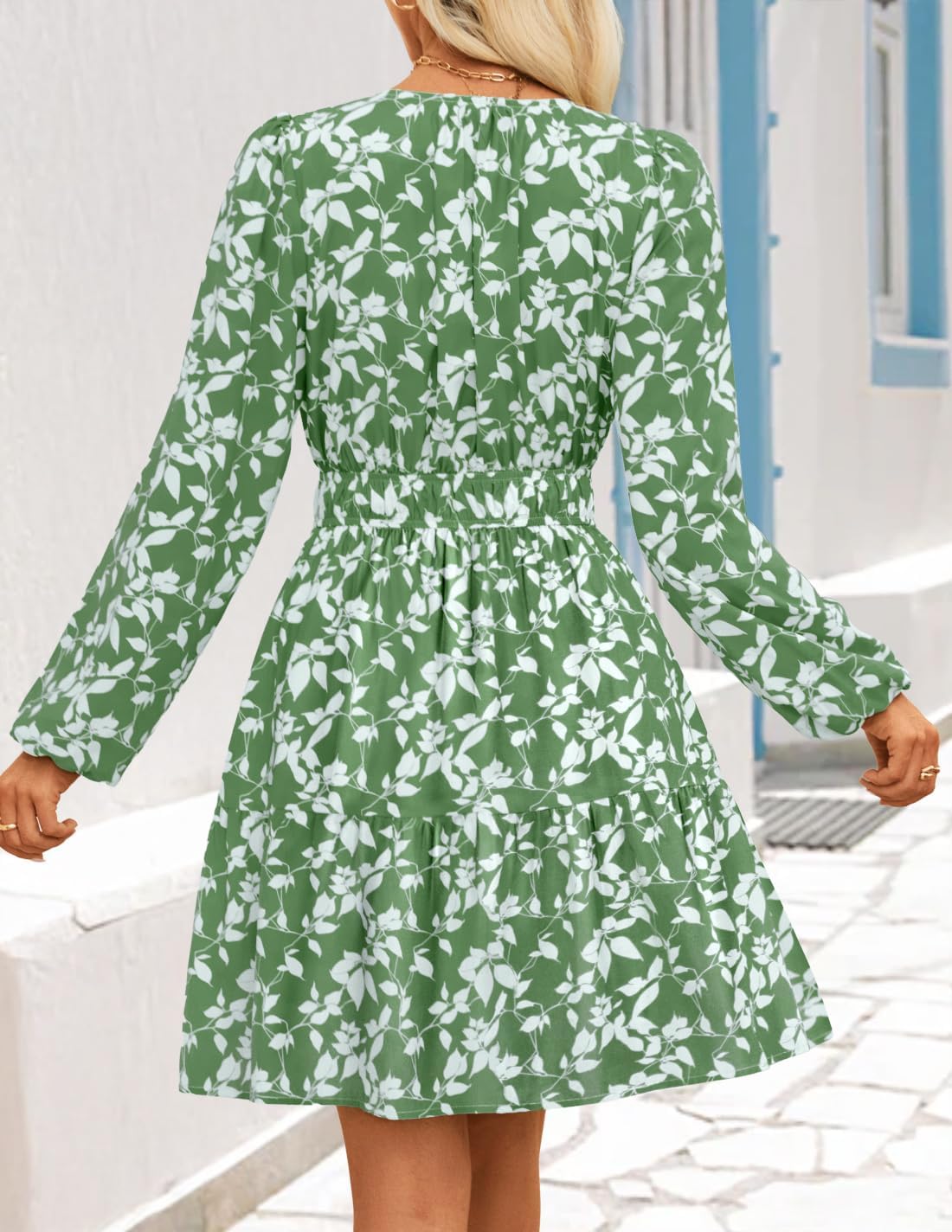 ZESICA Womens Spring Long Sleeve Floral Mini Dress 2026 Summer Boho V Neck A-Line Flowy Dresses Beach Vacation Clothes - Image 3