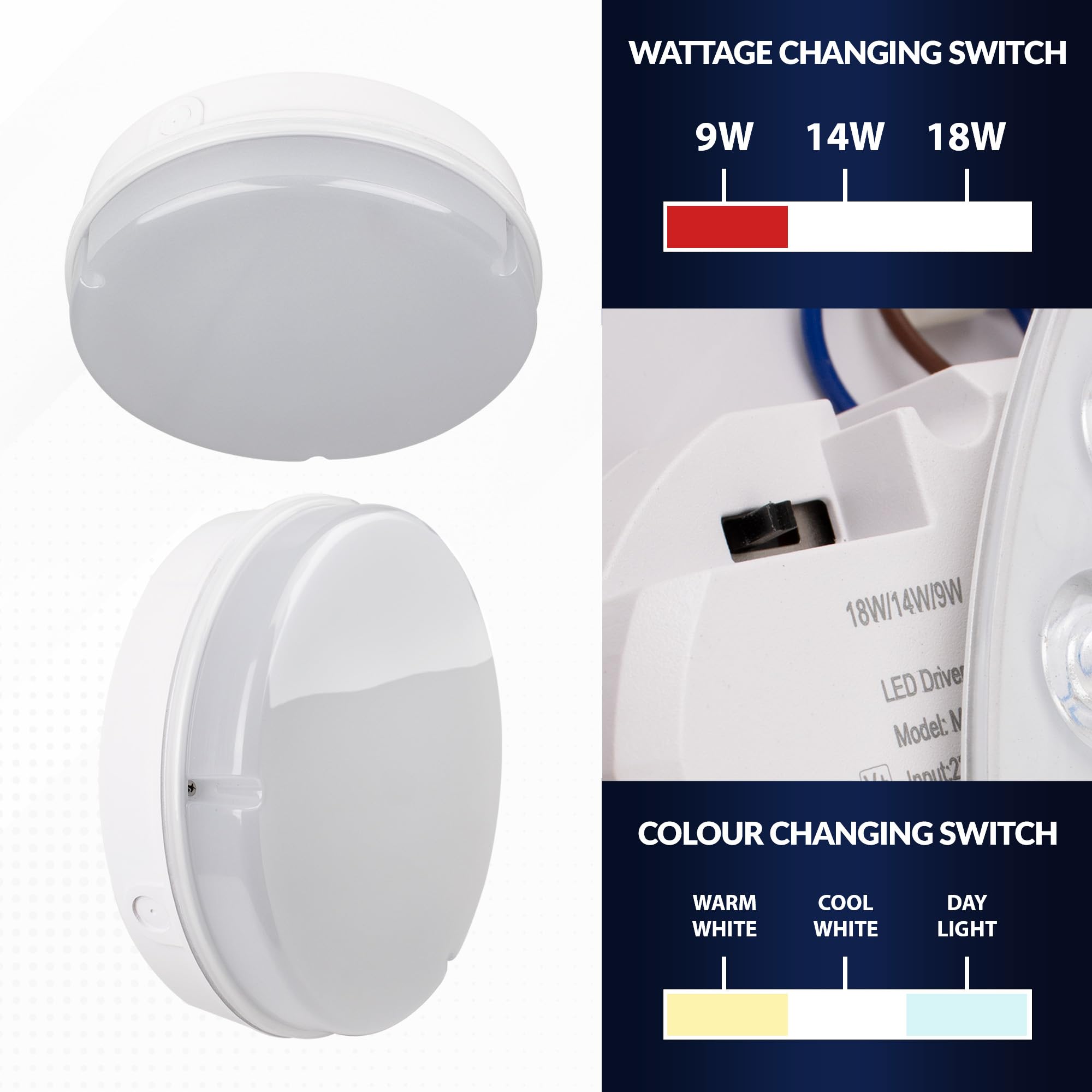 Bright Source Wall & Ceiling Round Utility LED Bulkhead, White, Switchable Wattage 9W 14W 18W, IP65, 120° Beam Angle (1, Standard) - Image 4