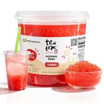 Tea Tek 7 Pound Popping Boba, 1 Count Vegan Cherry Popping Pearl Jar - No Cooking Required, No Gluten, Edible Bursting Boba, Resealable Jar, For Tea, Smoothies