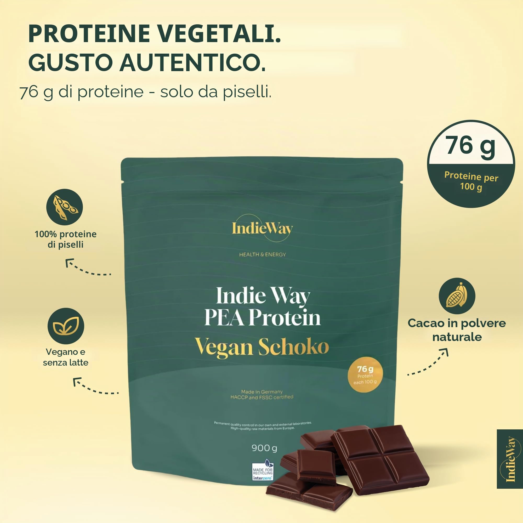 Proteine di piselli al cioccolato 900 g - Polvere proteica vegana con sapore di cioccolato - 76 g di albume su 100 g - Polvere proteica per frullati proteici