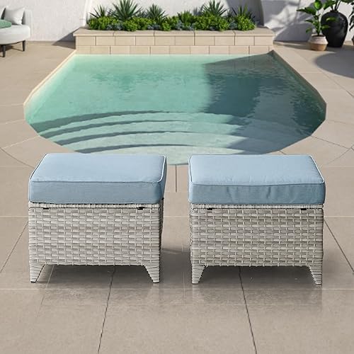 Miniatura 2 de Belord Juego de 2 taburetes otomanos de mimbre de ratán para todo tipo de clima, con cojines suaves para muebles de patio