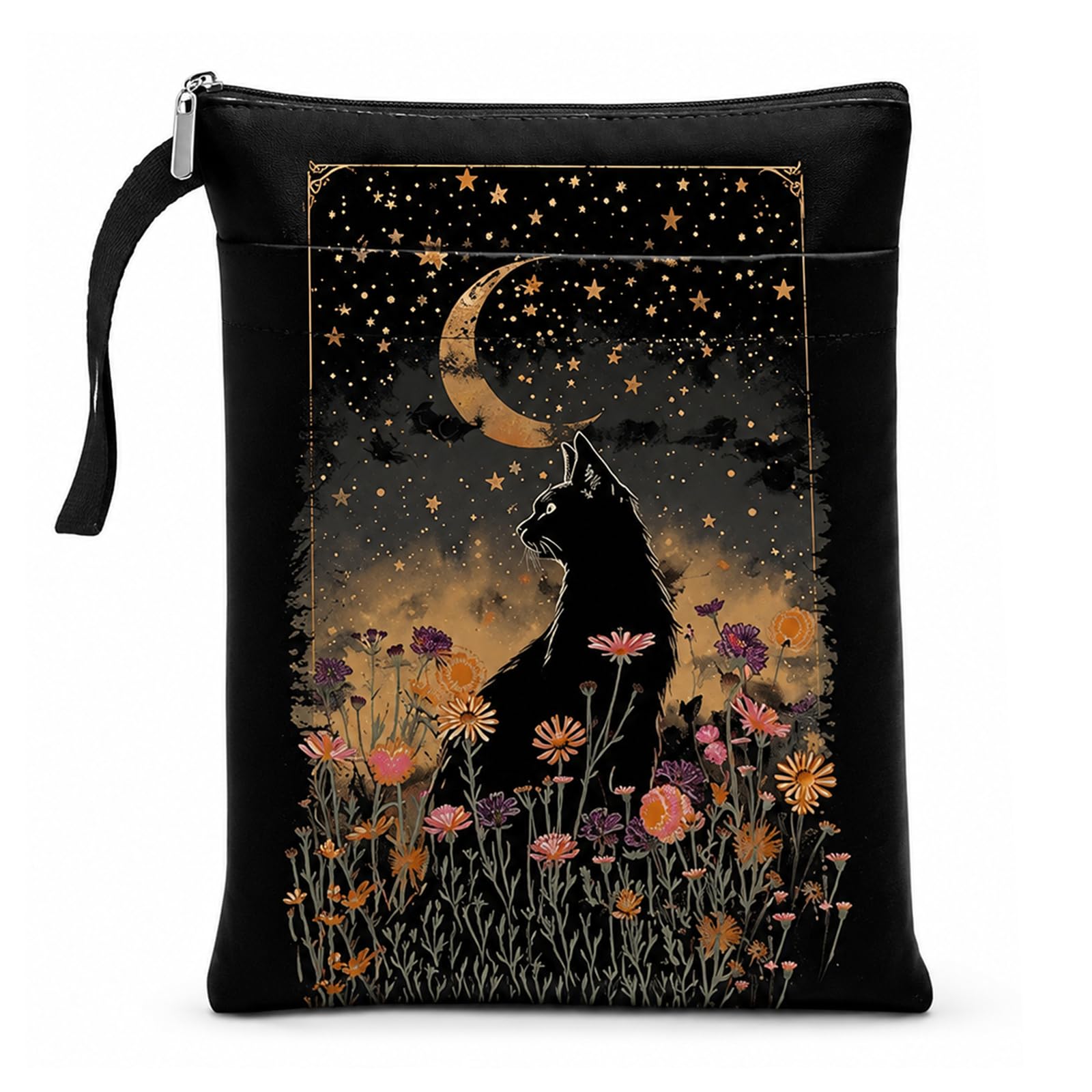 Exylosluxek Cat Book Sleeve, Book Sleeve Pouch, Celestial Crescent Moon Star Black Cat Wildflower Printed Zippered Book Cover with Carrying Strap