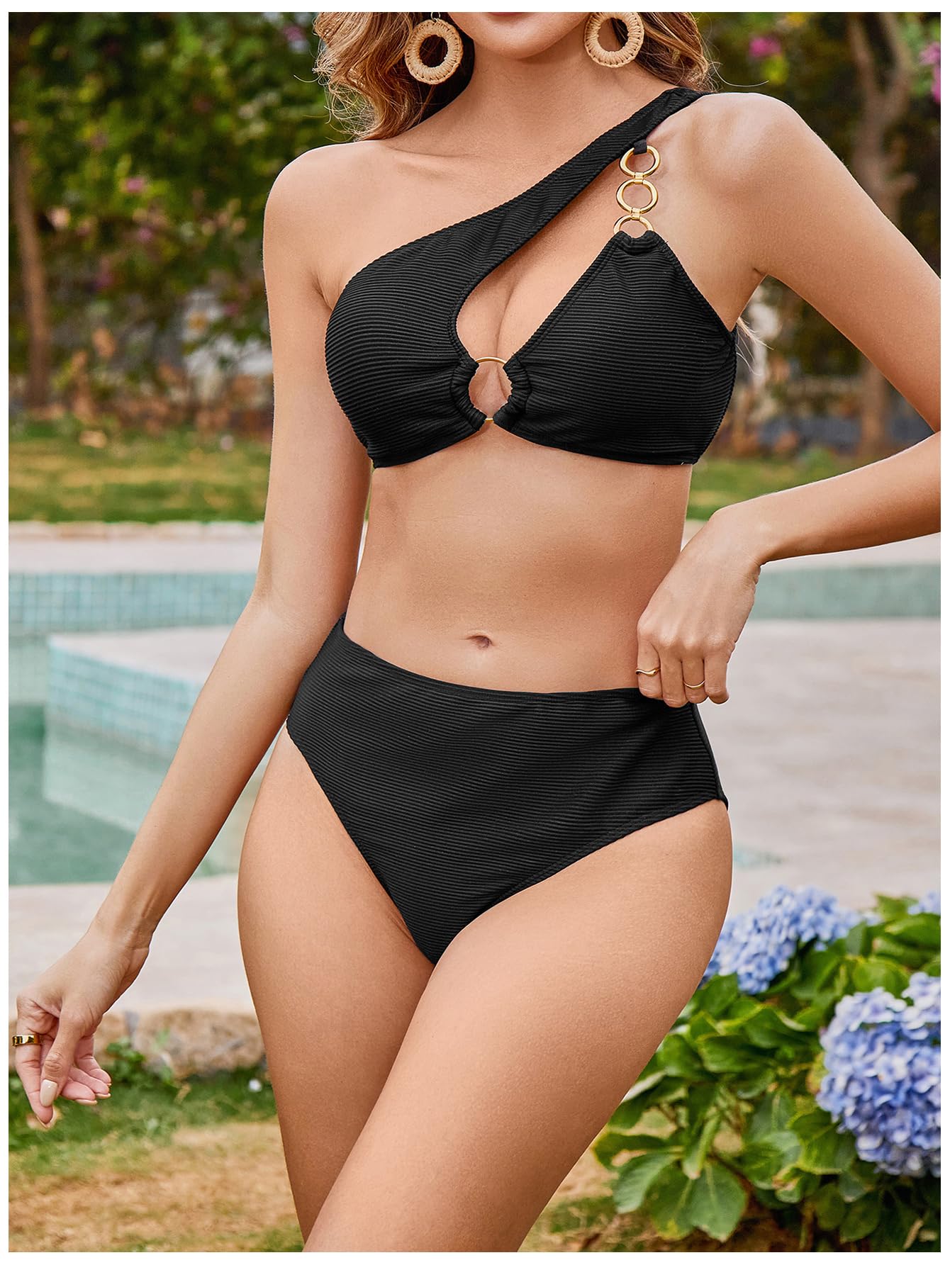 Bikini da donna a vita alta monospalla 2 pezzi costume da bagno con anelli collegati costumi da bagno nero XS