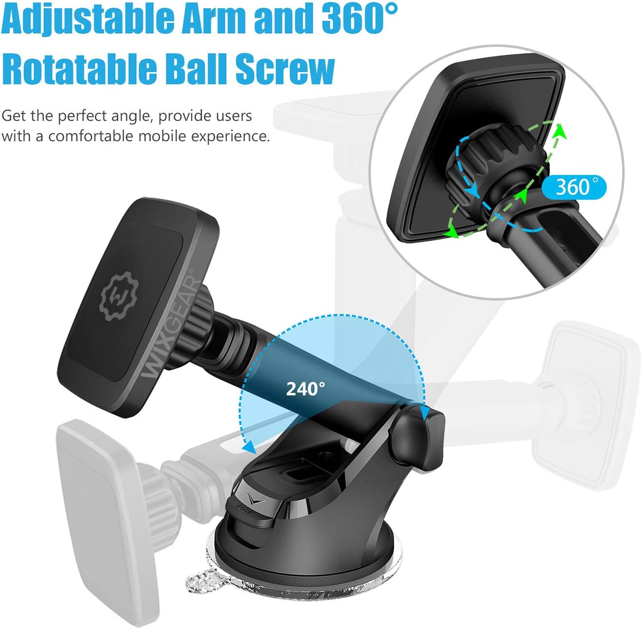 WixGear Magnetic Car Phone Mount – Universal Holder for Windshield & Dashboard with New Long Telescopic Arm – Compatible with Cell Phones & Tablets image 4