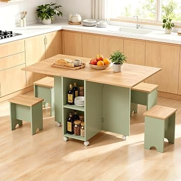 Warmiehomy Foldable Dining Table and Chairs Set 4, Natural & Green