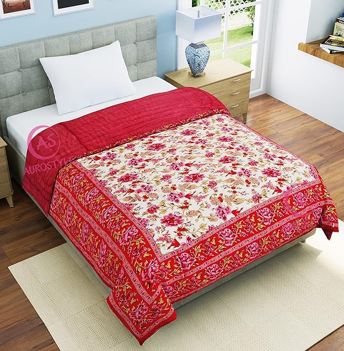 Image of EMIOUR 400 TC Pure Cotton Soft Jaipuri AC Quilt /Razai /Rajai Floral Print,Jaipuri Razai Cotton Quilt for Winter,Lightwieght Jaipuri Razai (Design 13, Double Bed)