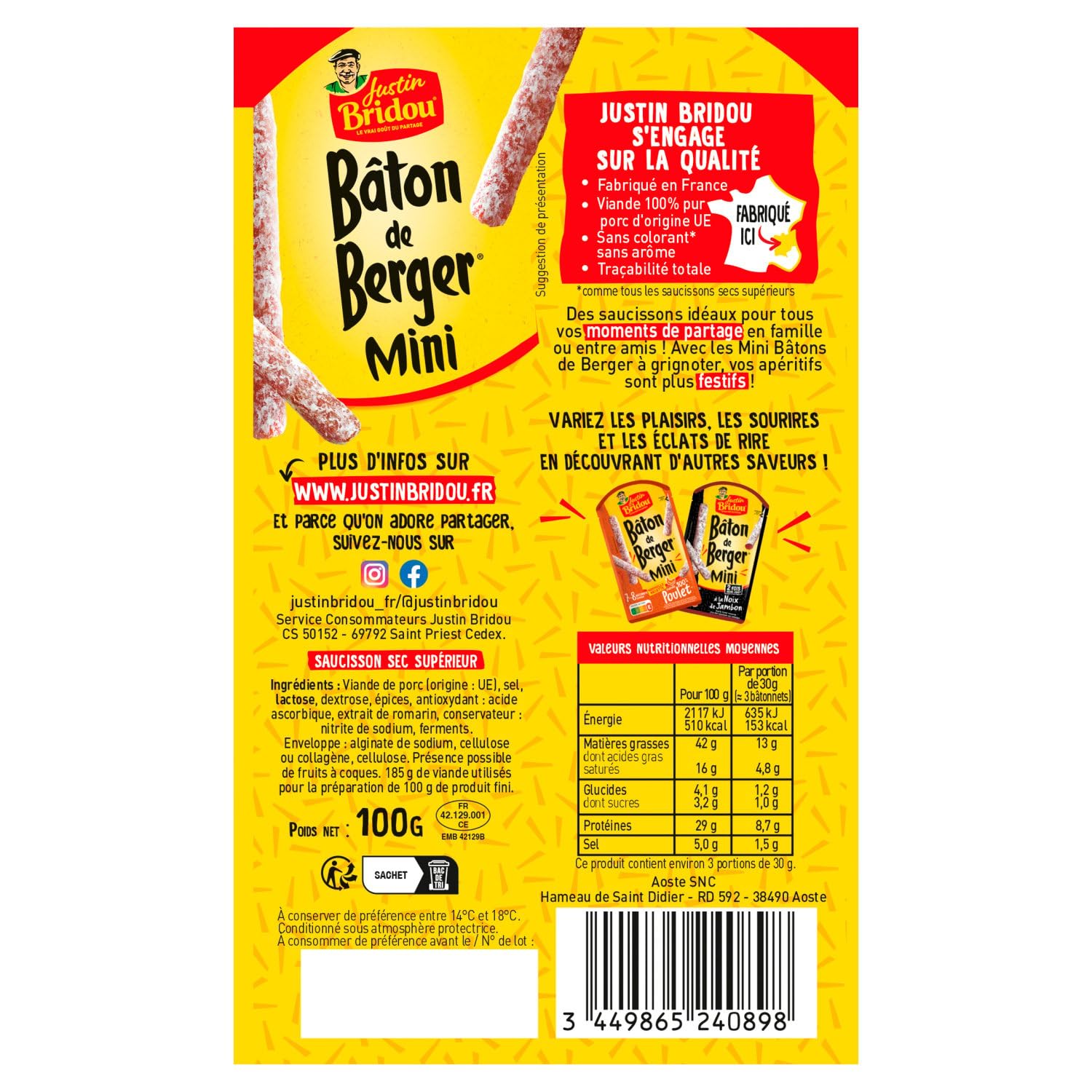 JUSTIN BRIDOU - Mini Saucissons Bâton de Berger - Sans Colorant · Saucisson Sec Pur Porc Supérieur · Mini Bâtonnets Nature · Fabriqué en France - le sachet de 100g - Le Lot De 4