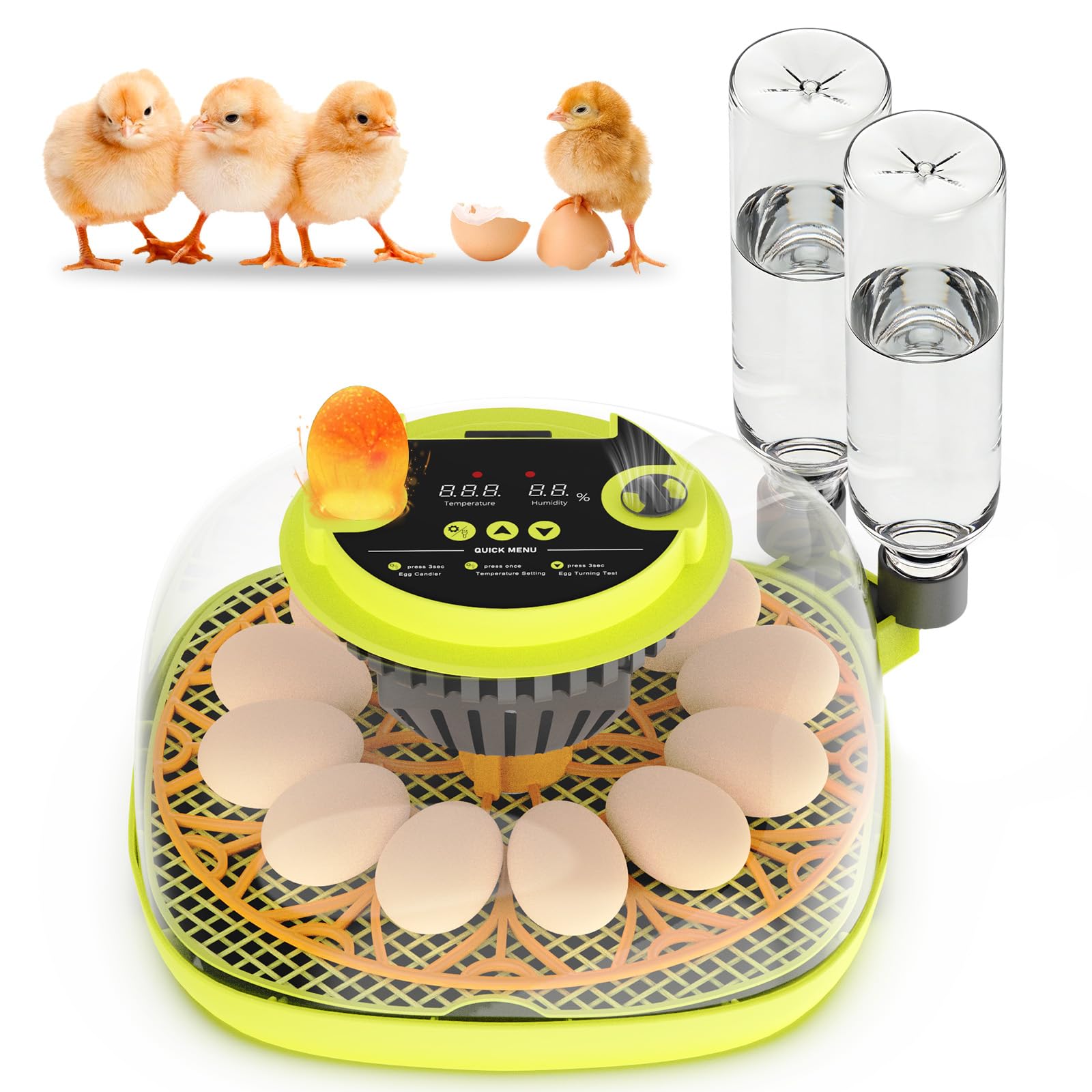 Couveuse Oeuf Automatique 12 Œufs, avec Alimentation en Eau, Retourneur Œufs Automatique, Contrôle Température et Humidité, Testeur Œufs, Vision à 360°, pour Poules, Cailles et Canards (B)