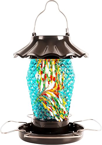 LUJII Comedero solar para pájaros para colgar en el exterior, vidrio soplado a mano en forma de diamante, resistente a la intemperie, linterna