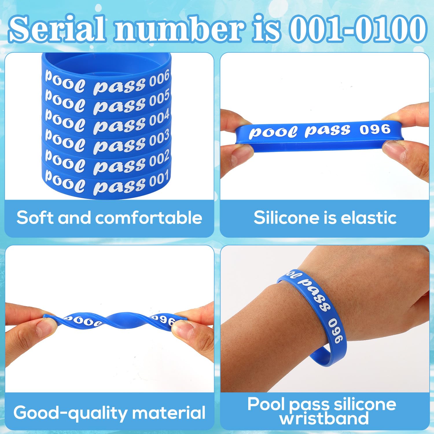 100pcs Swimming Pool Pass Wristbands, Silicone Waterproof Durable Pass Bracelets Numbers 001-100 Suitable for Pool Guests Identification (Blue) - Image 3