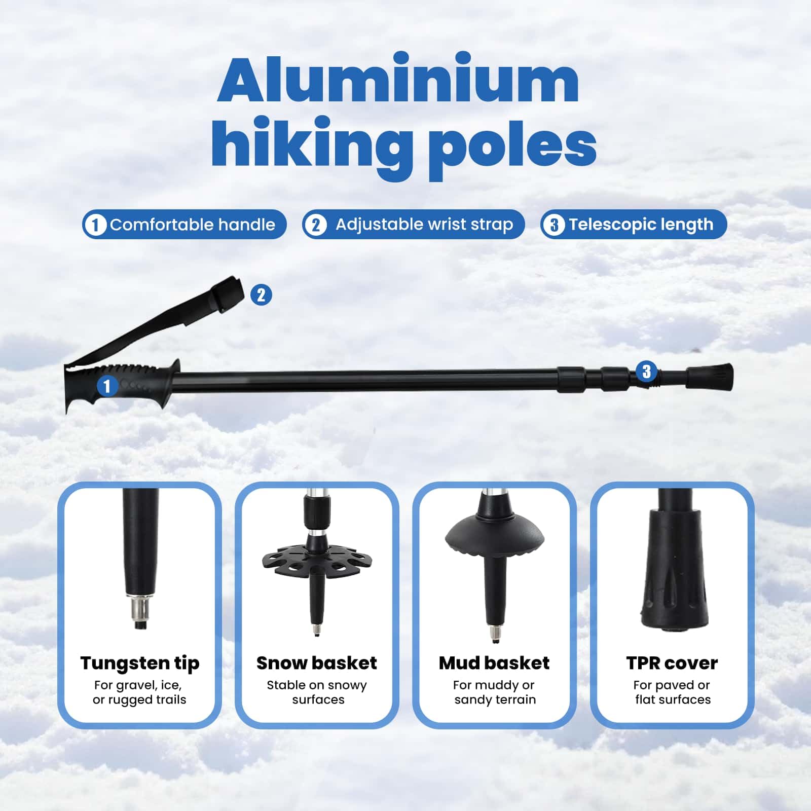 vidaXL Racchette da Neve 3 in 1 con bastoni da Trekking Nero, Ciaspole in Alluminio per Il Giardino, Attrezzatura Outdoor Regolabile, Accessori Moderni per Camminare sulla Neve