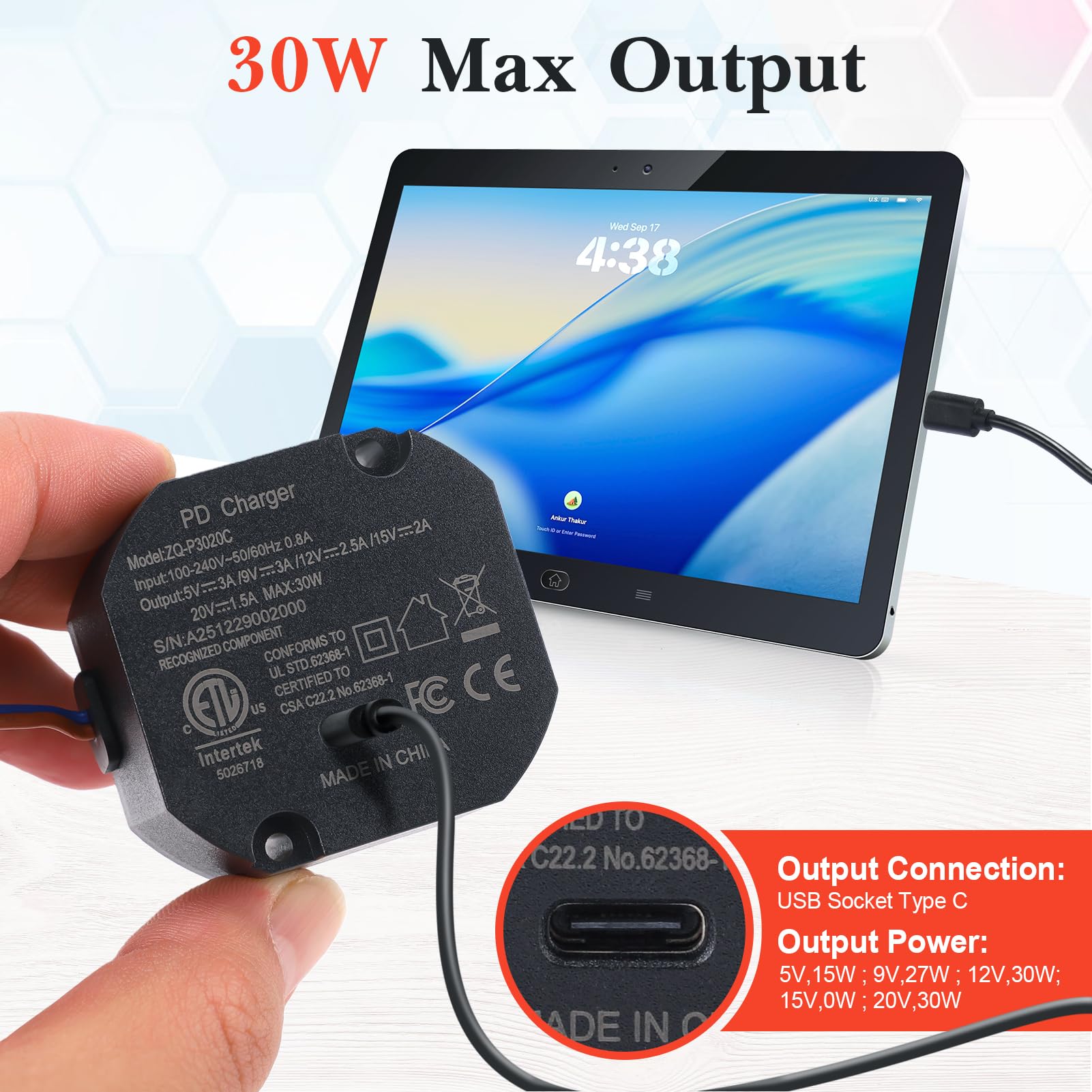 Yosoo Health Gear Zasilacz ścienny USB C, Szybka ładowarka 30 W z obudową ze Stopu Aluminium, do Tabletów USB C i Systemów Inteligentnego Domu