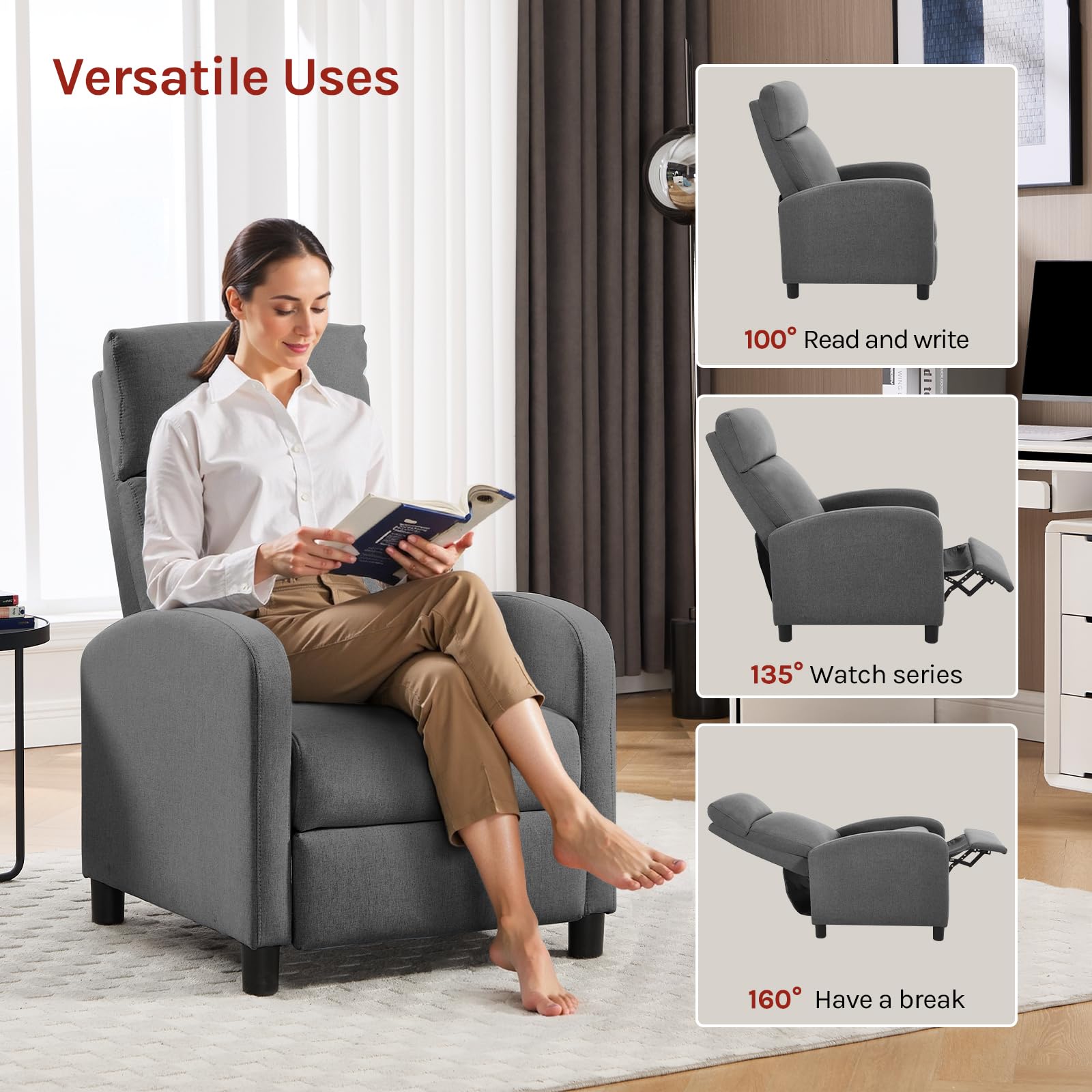 WOLTU Fauteuil Relax, Fauteuil Inclinable, Canapé 1 Place, Dossier et Repose-Pieds Réglables, Appui-tête, Assise Rembourrée, Lin, Gris Foncé, SKS58dgr