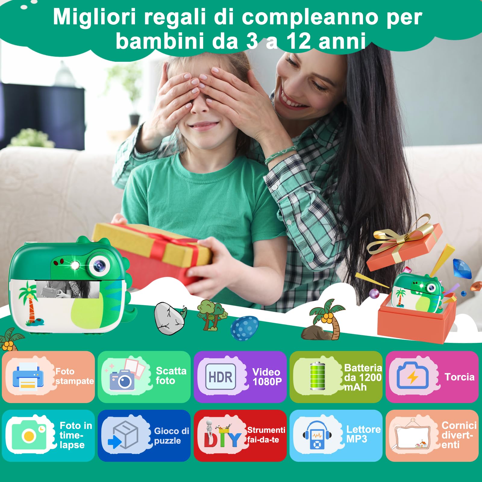 ARNSSIEN Macchina Fotografica Bambini Istantanea, Fotocamera Digitale per Bambini con Video HD per Ragazzi e Ragazze dai 3-12 anni, Regalo per Natale e Compleanni, con 7 Rotoli di Carta da Stampa.