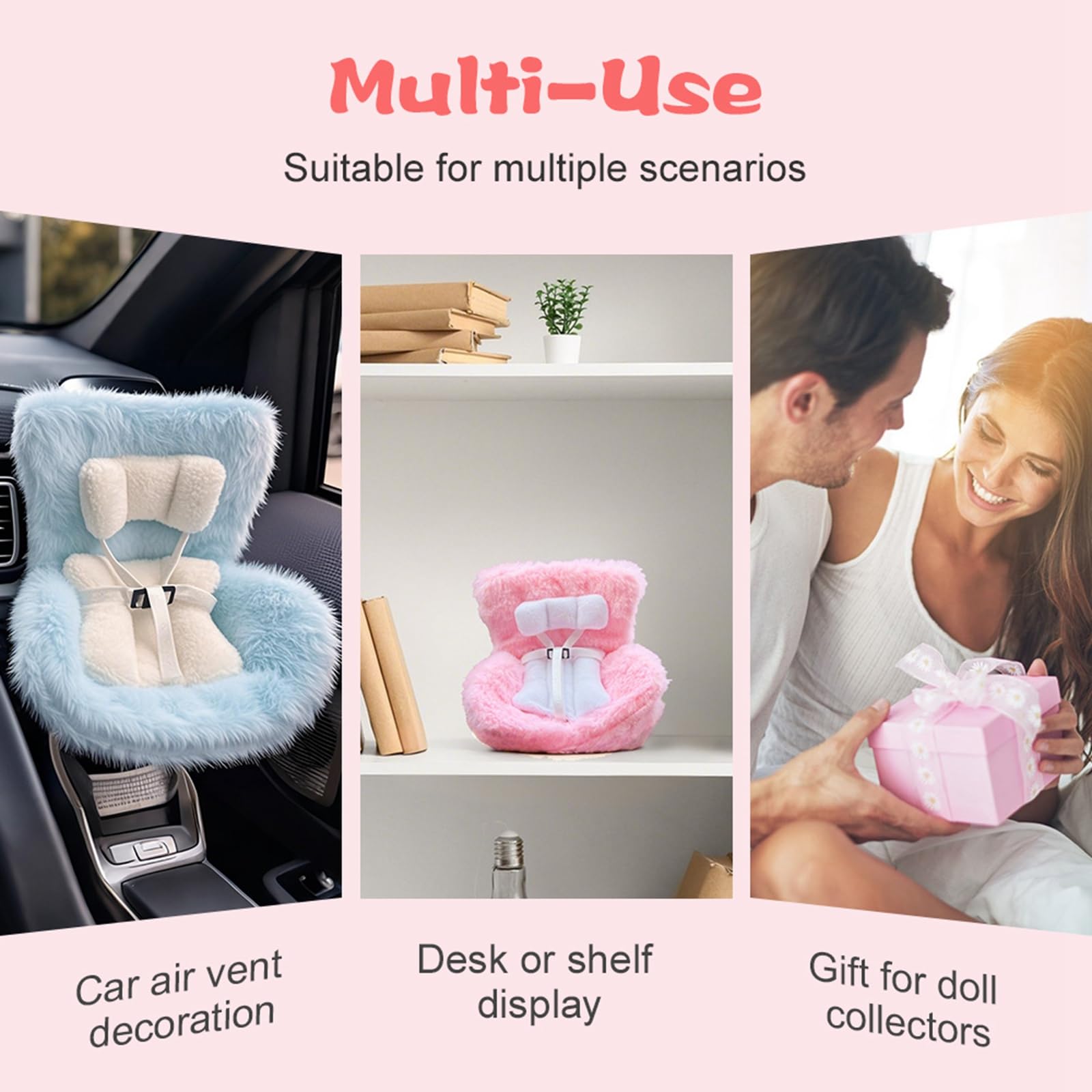 Siège Auto Miniature Pour Poupée Avec Pied Et Fourrure Rose - Inclut Clip, Ceinture Et Boîte D'Aromathérapie - Décoration Bureau/Voiture