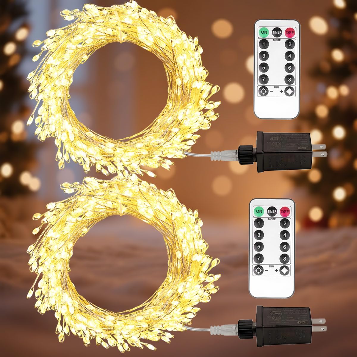 Firecracker Fairy Lights Plug in,100ft 1000LEDs Green Wire Cluster String Lights,Waterproof 8 Modes Remote Twinkle Light for Outdoor Indoor Garden Bedroom Christmas Tree Holiday,Warm White