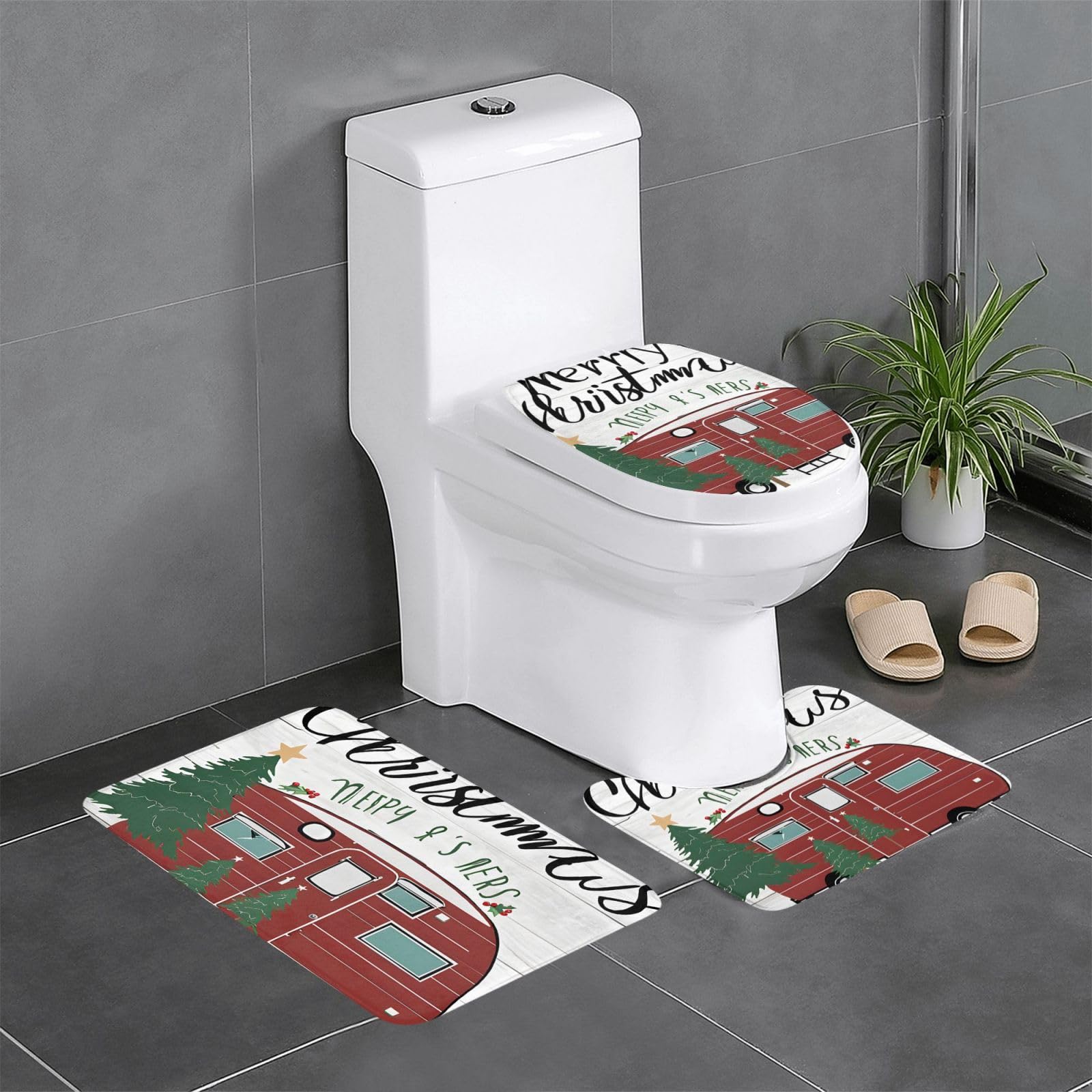 Tapis de salle de bain Noël antidérapant avec contour WC pour fêter l'hiver