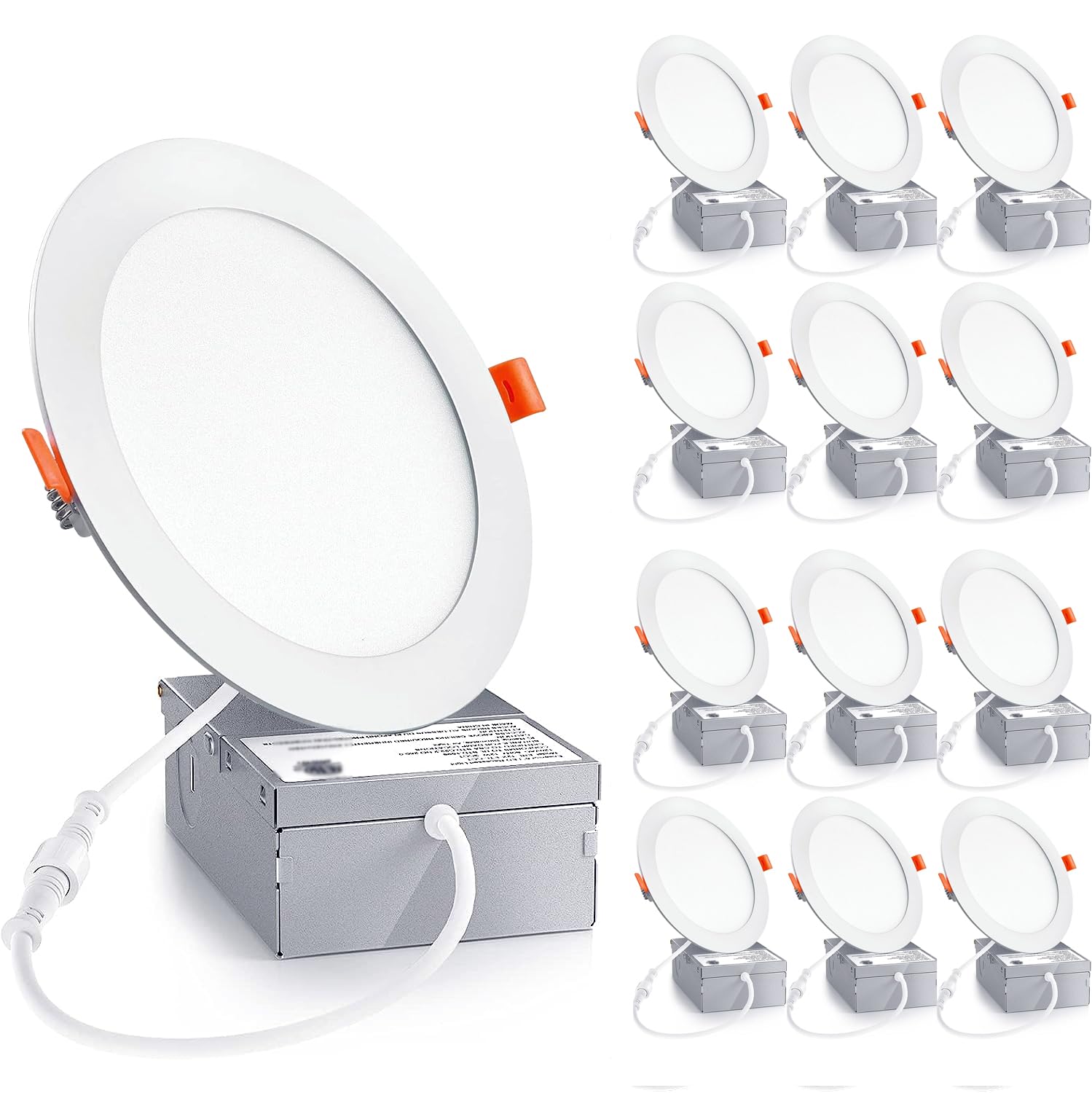 Foshinlux 12 Pack 6 Inch Ultra-Thin LED Recessed Ceiling Light with Junction Box, 6500K Daylight, 12W 110W Eqv, Canless Wafer Slim Panel Downlight, 1050LM High Brightness (6500K-Daylight, 6 inch)