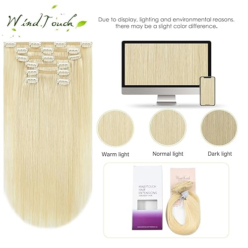 Miniatura 4 de WindTouch - Extensiones de cabello humano con pinzas, color rubio platinado, 2.47 onzas, N. 60, 15 pulgadas, 7 unidades, para mujer
