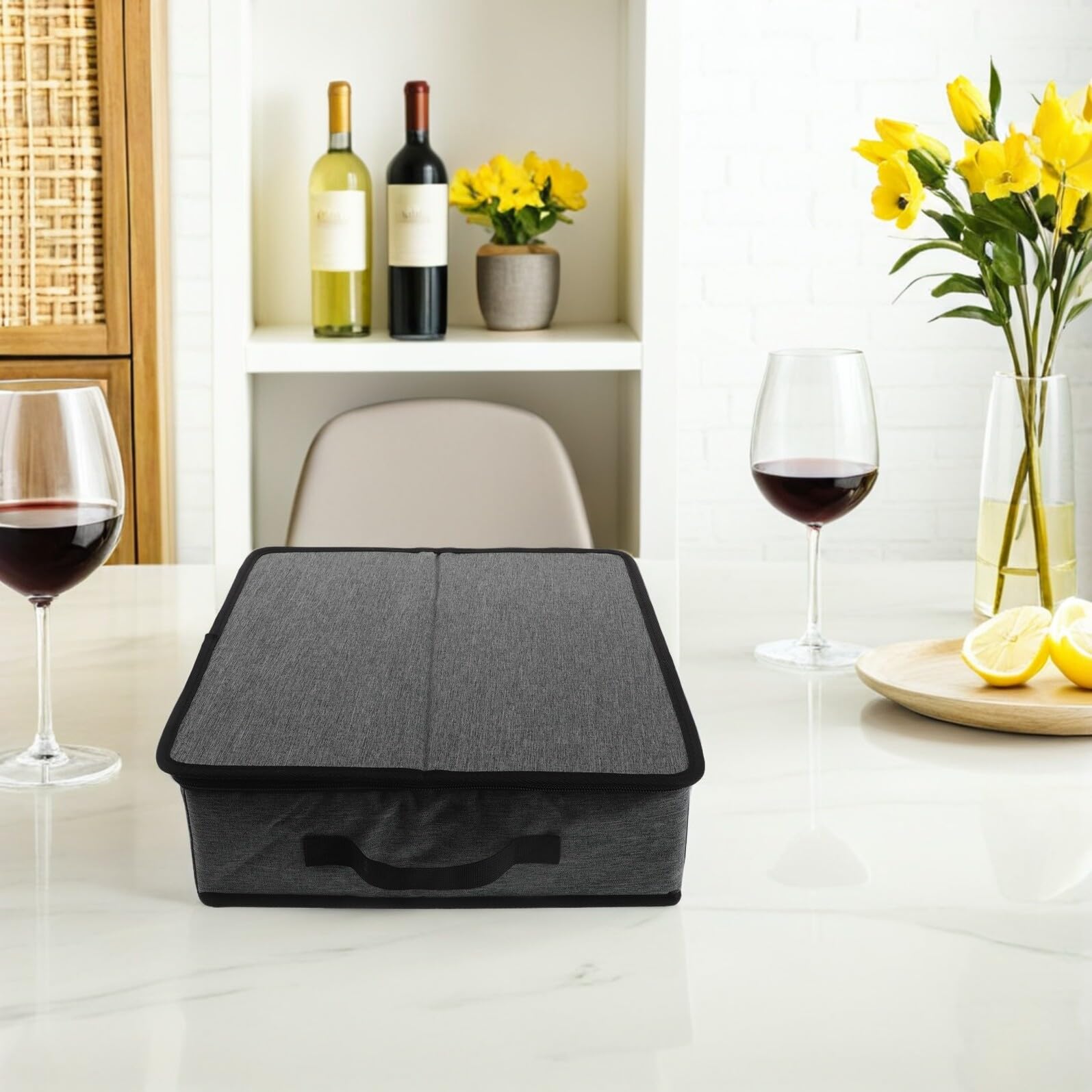Caja de Almacenamiento para Tazas con Divisores y Tapa con Cremallera | Capacidad para 9 Tazas, Asas Laterales para Mover y Guardar, Poliéster con Acceso Fácil