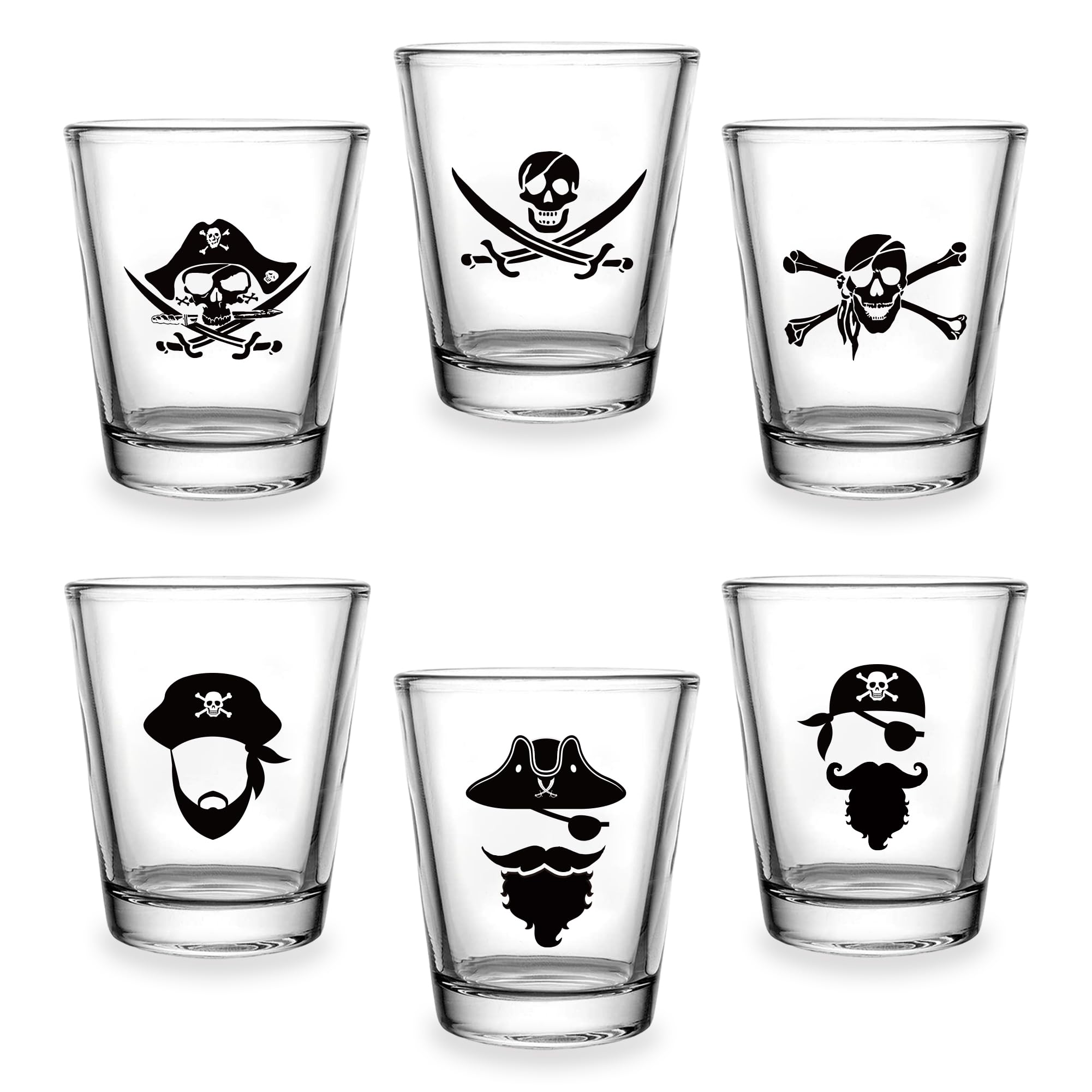 6 PCS Pirate Theme Shot Glasses Set, 1.5 oz Jolly Roger Pirate Skull Shot Glass Cups with Heavy Base, Pirate Party Decorations for Women, Men, Halloween Party Supplies or Favors for Her, Him