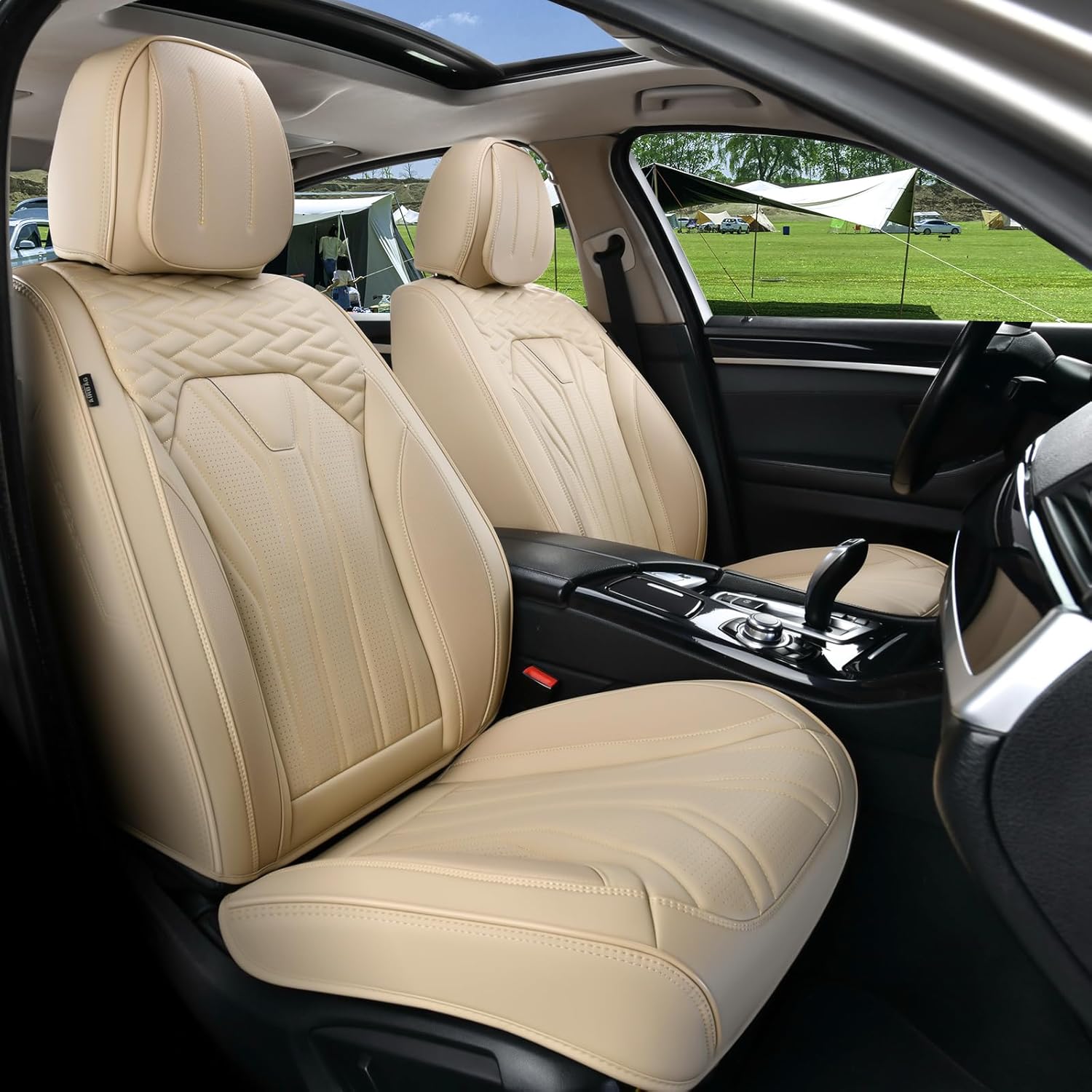 Leather Car Seat Covers Full Set Waterproof Car Seat Covers Full Seats Automotive Seat Covers Car Seat Protector Universal Fit Most Cars (Beige)