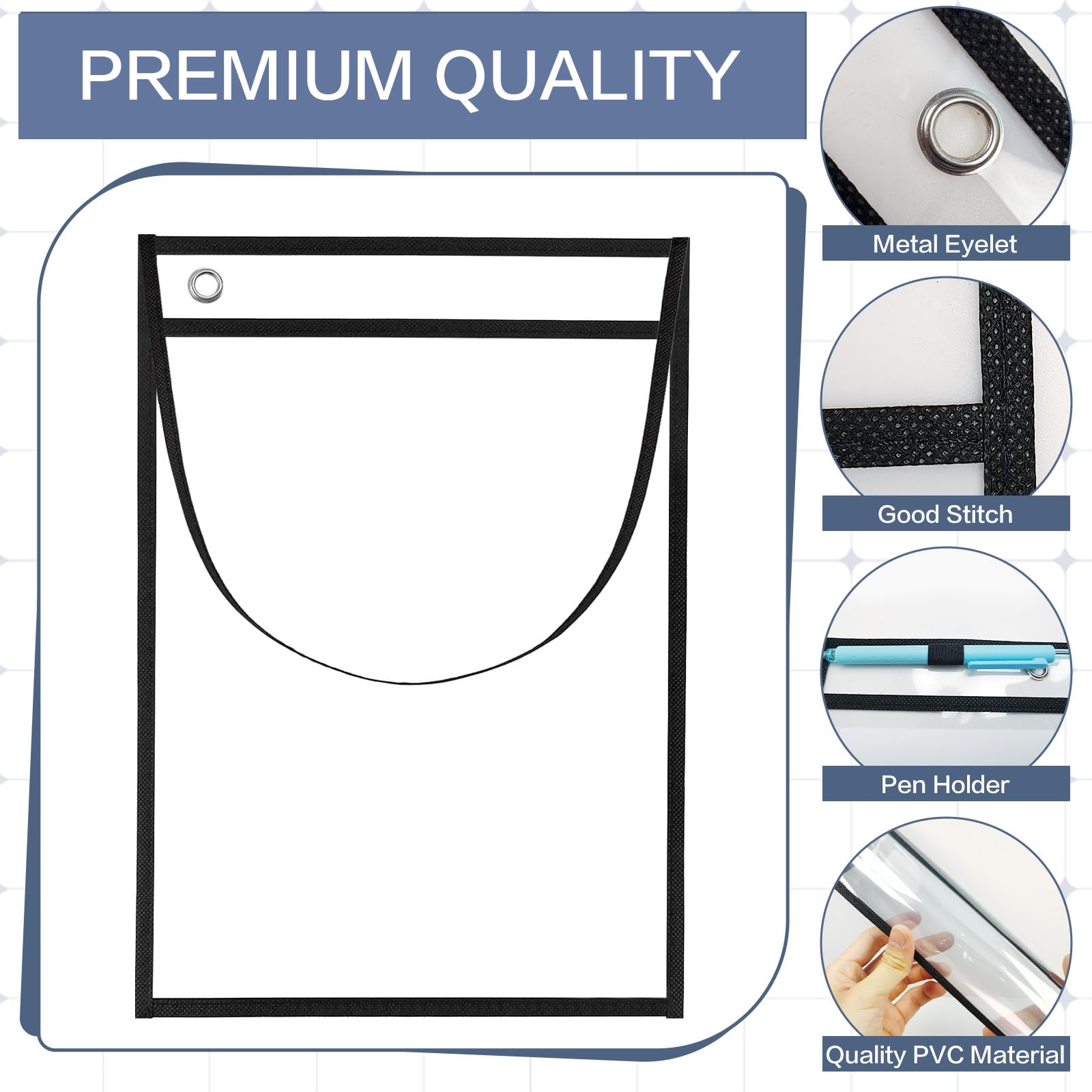 Paquete de 50 soportes para boletos de trabajo, negro, 14 x 10 pulgadas, bolsillo reutilizable de borrado en seco con correa, fundas de plástico para pedidos de trabajo, protectores de hojas