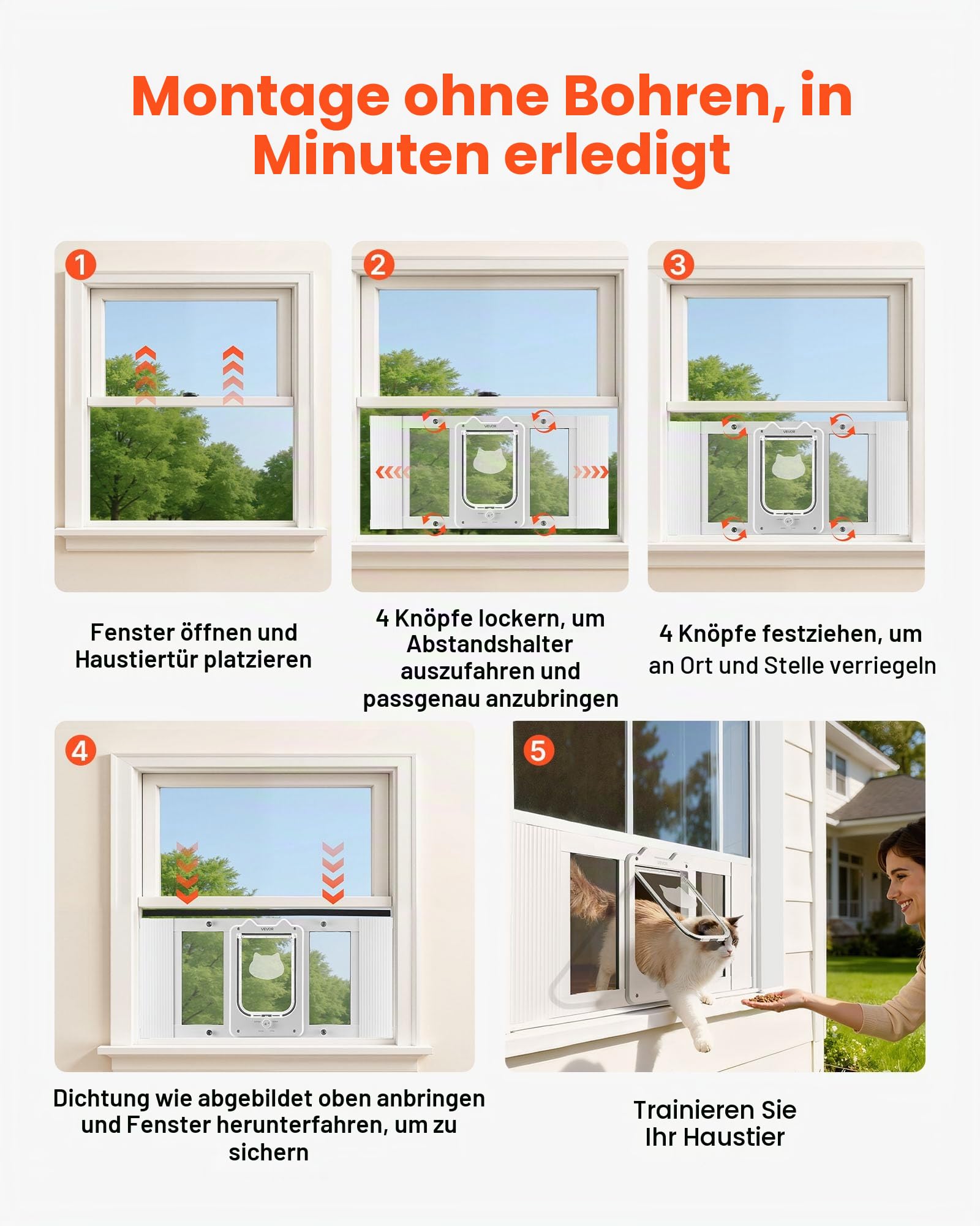 VEVOR Katzenklappe Katzentür Anpassbar an Fensterbreiten (686-813 mm), Wetterfeste Haustiertür mit 4 sicheren Verriegelungsmodi & Aluminiumrahmen & Hochtransparentem Glas & Magnetverschluss, Weiß