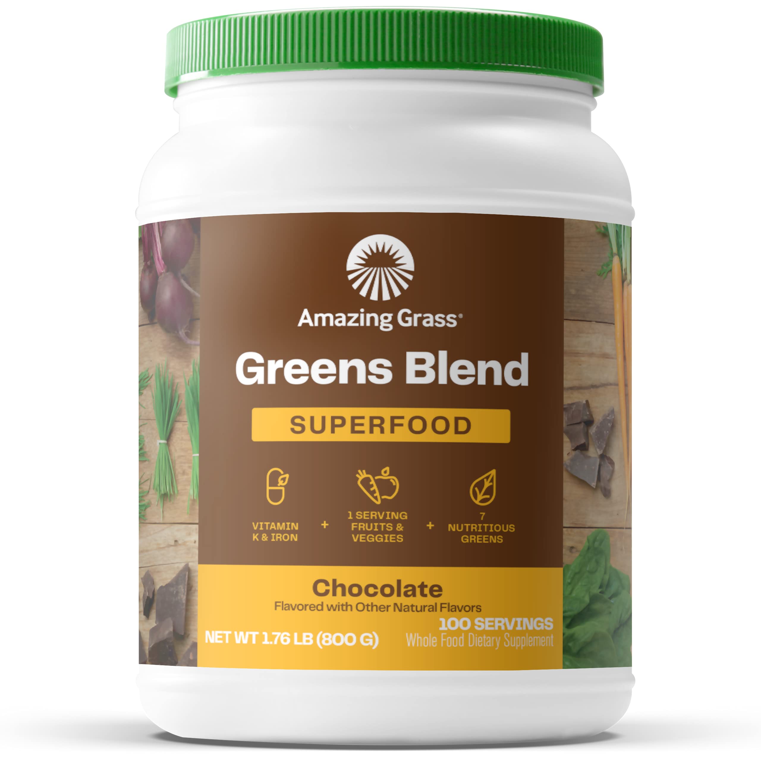Amazing Grass Greens Blend Superfood: Super Greens Powder Smoothie Mix with Organic Spirulina, Beet Root Powder, Chlorella, Prebiotics & Probiotics, Chocolate, 100 Servings (Packaging May Vary)