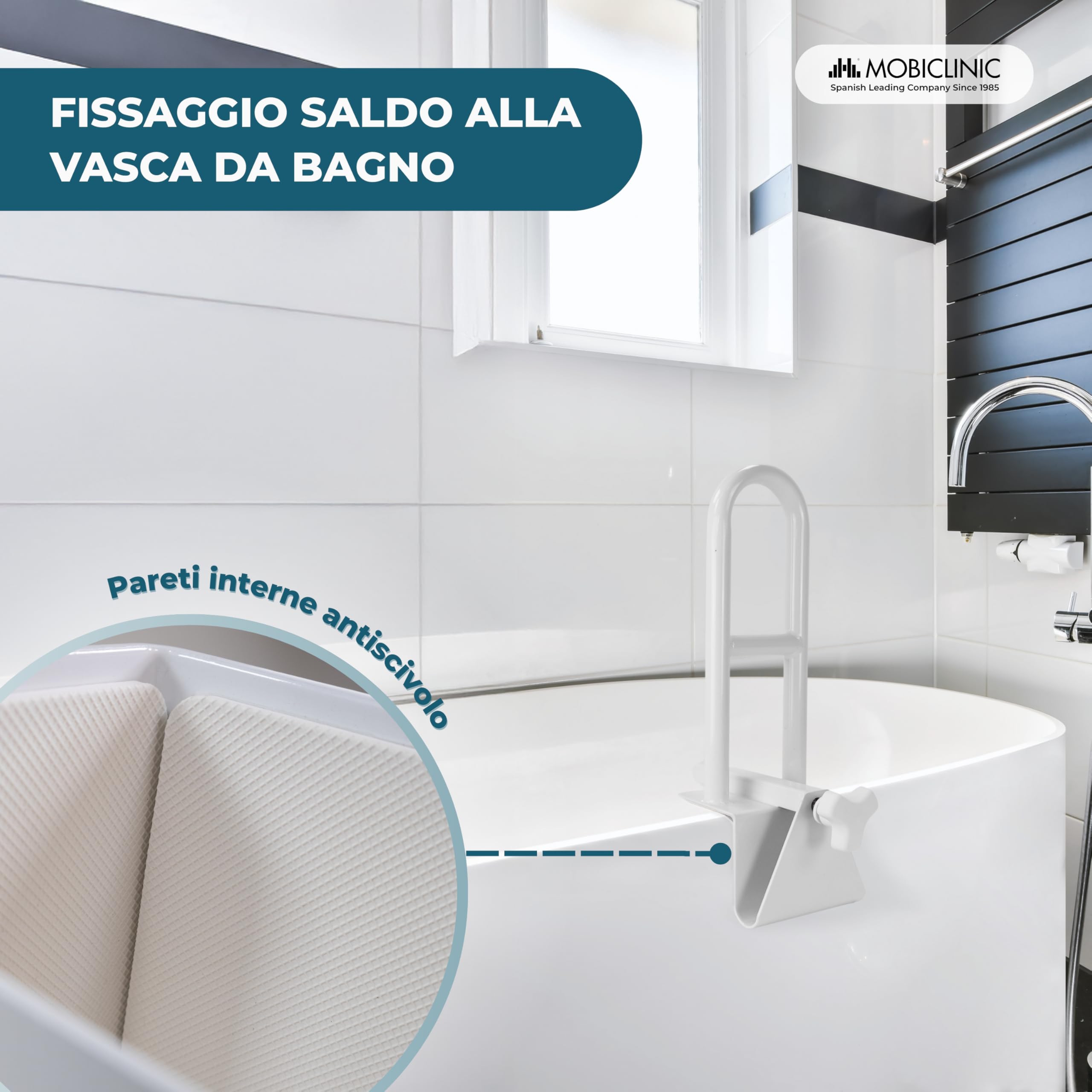 Mobiclinic®, Maniglia Accesso Vasca, Vasche da Bagno con Bordi Lisci (4,5-13,5 cm), Altezza Regolabile, Impugnatura Ergonomica, Max. 100 kg, Uso Clinico e Domestico, Sicuro e Funzionale, Mobibary