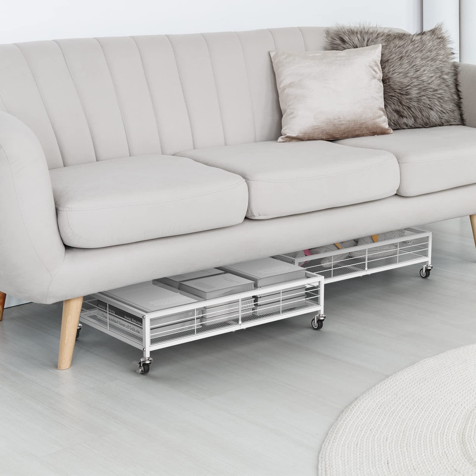 DOMYDEVM Bedroom Under Bed Storage Rack with Wheels Metal Rolling Drawers Shoes Organizer White Under Bed Storage Bins for Clothes, Blankets, Shoes, Bedding, Toys, Books