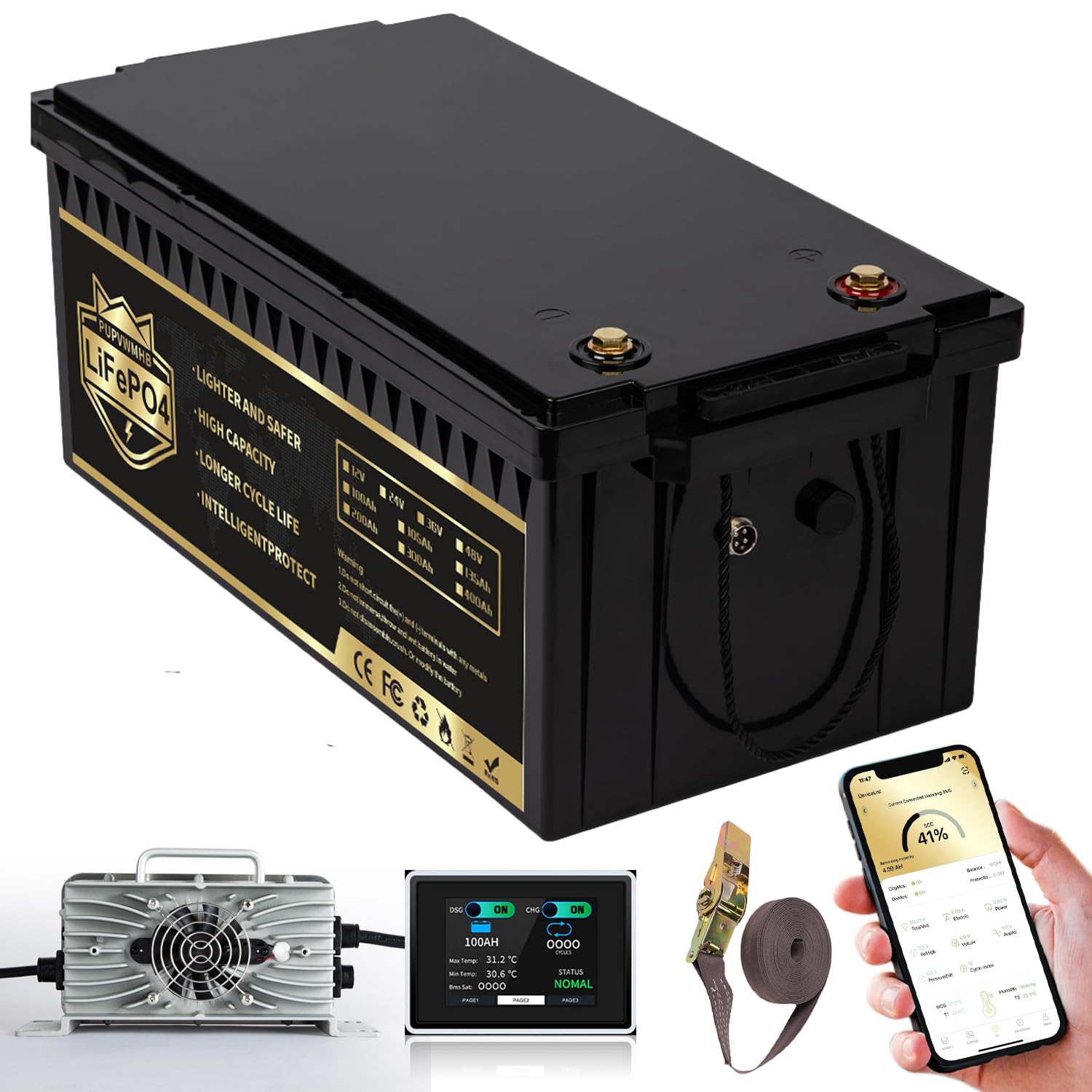 36V 150Ah Lithium Golf Cart Battery, Lifepo4 Battery with 43.8V 25A Charger, Built-in 200A BMS, LCD Monitor & Mobile APP, Peak Current 600A .7.68kW Power Output, Perfect for Golf Carts, Solar