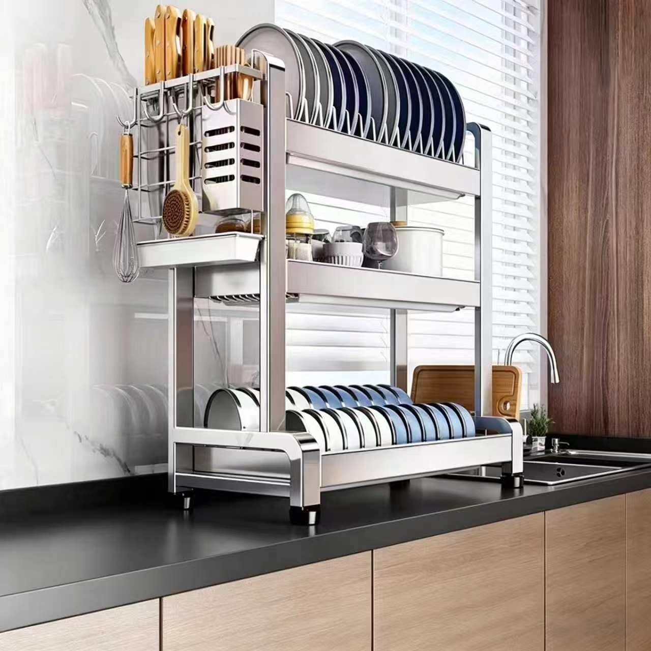 Escurridor de Platos Grande para Colocar sobre el Fregadero, de 2 Niveles, sin instalación, de Acero Inoxidable, Organizador de Cocina, Columna Gruesa, Estilo nórdico (17.3 x 10.2 x 23.2 Inches)