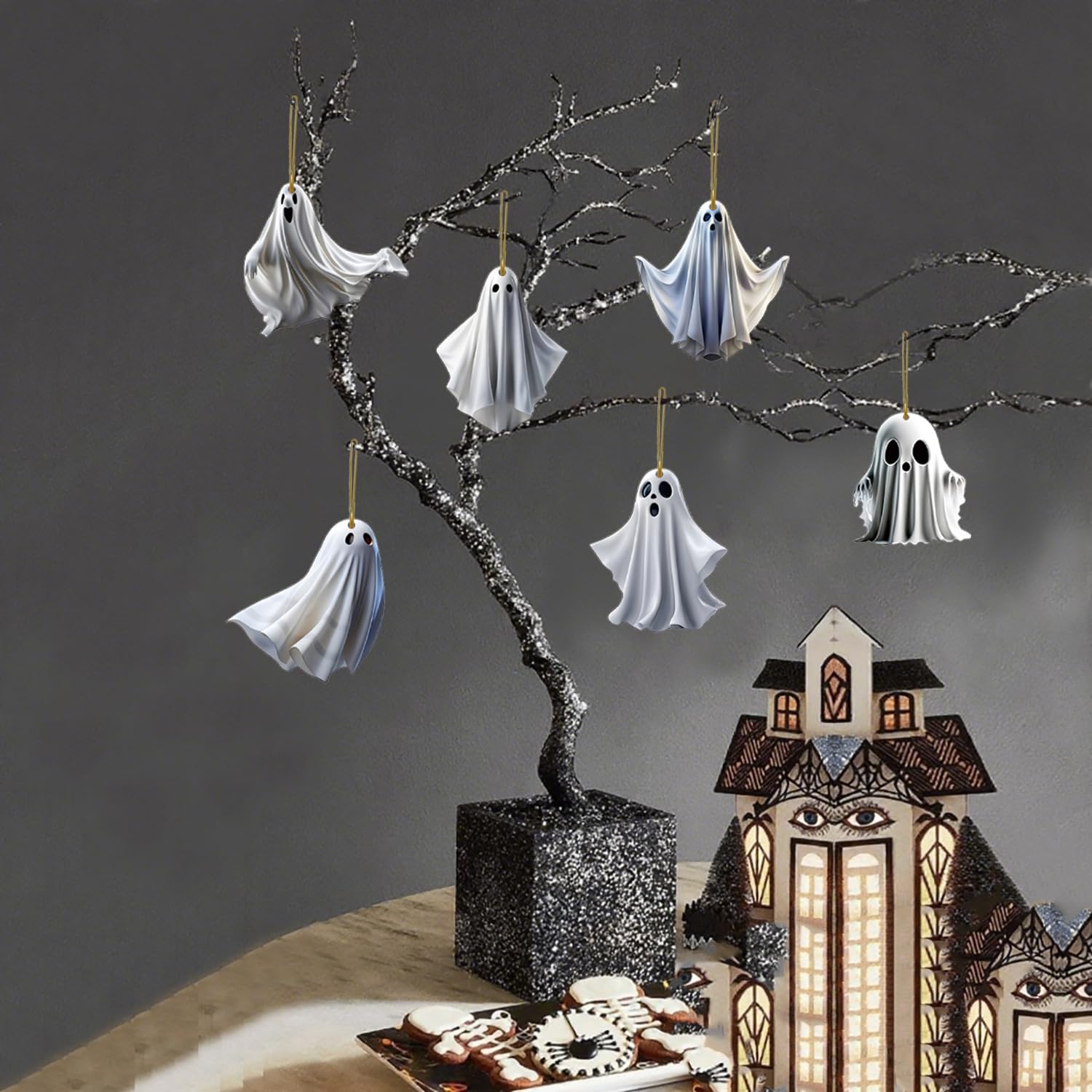 6 Pcs Halloween Hanging Ornaments for Tree Cute White Little Ghost Designs Halloween Spooky Acrylic Pendants Cartoon Ghost Hanging Ornaments Decorative for Holiday Party Craft Supplies
