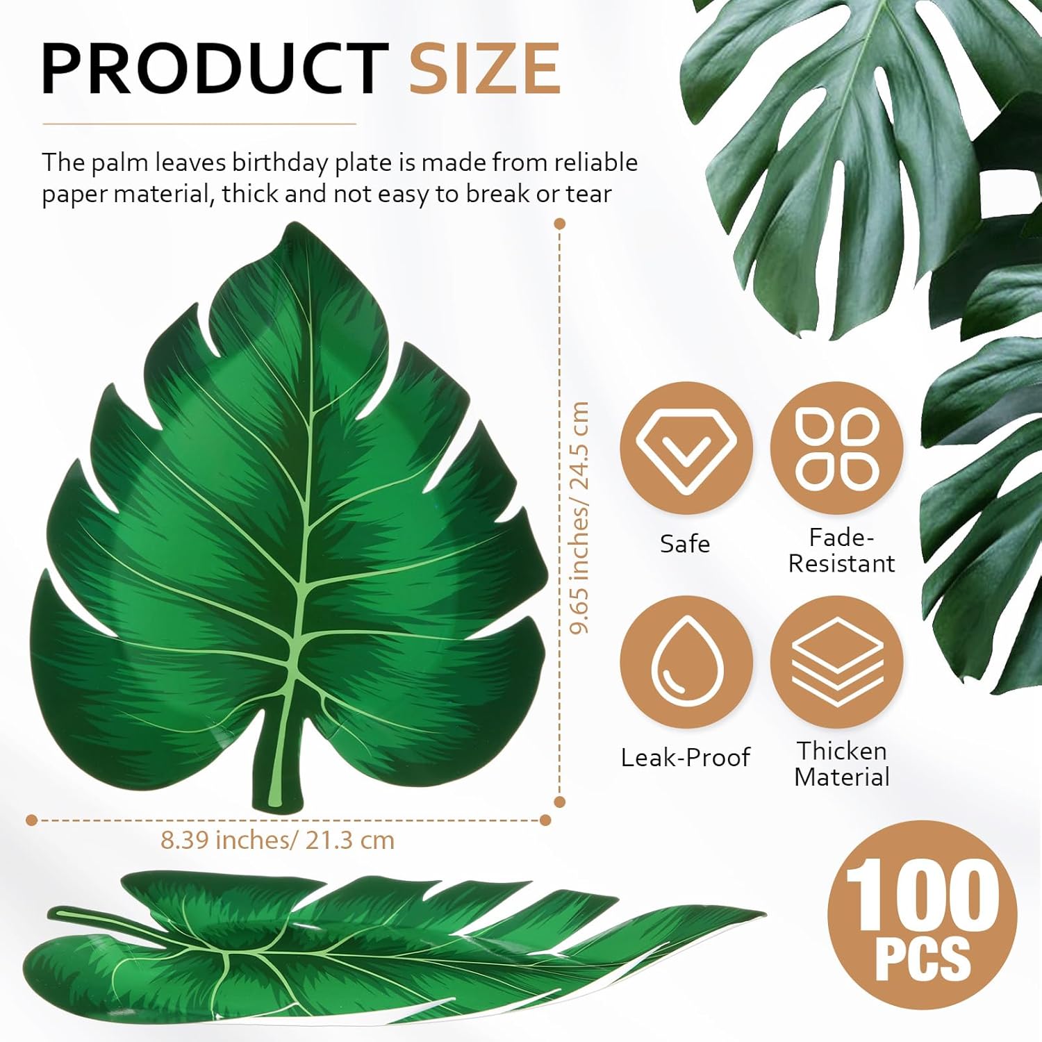 Motipuns 100 Pcs Hawaiian Turtle Leaf Paper Plates Tropical Palm Leaves Disposable Plates Jungle Party Decorations for Luau Beach Birthday Summer Picnic Supplies 9 Inch(Palm Leaves)