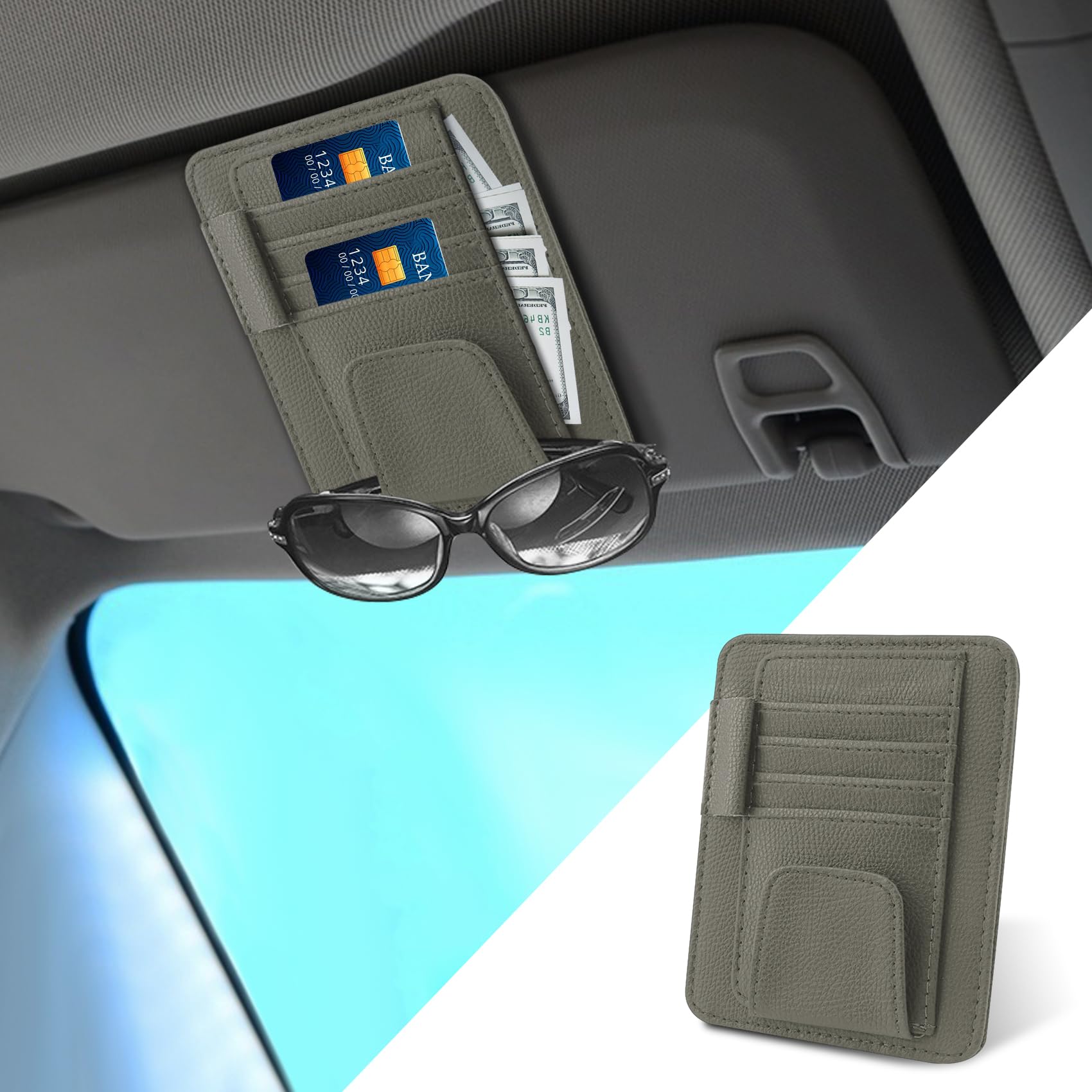 Organizzatore Visiera Parasole per Auto Organizer per Aletta Parasole in Pelle Cerniera Auto Parasole Organizer per Auto Carta Occhiali da Sole CD Card Cellulare Penna Supporto Occhiali Sole Grigio
