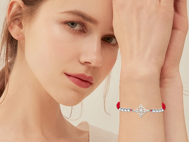 Bracciale Regolabile Nodo Della Strega Celtico - Corda Rossa Con Perline Triquetra In Acciaio Inox