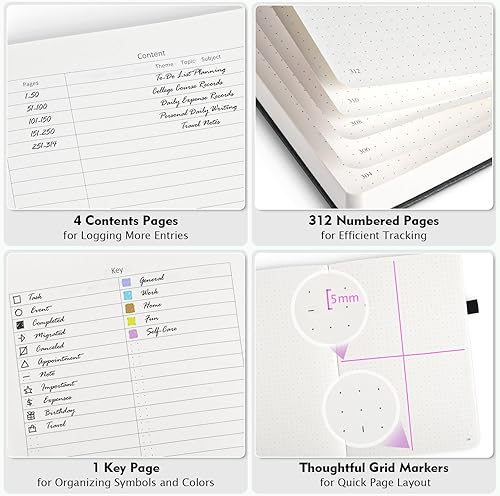 Miniatura 3 de OFFIGIFT Bullet Dotted Journal Notebook, 312 Numbered Pages A5 Hardcover Leather Journal, 100gsm No Bleed Paper Dot Grid Notebook with Index Pages,