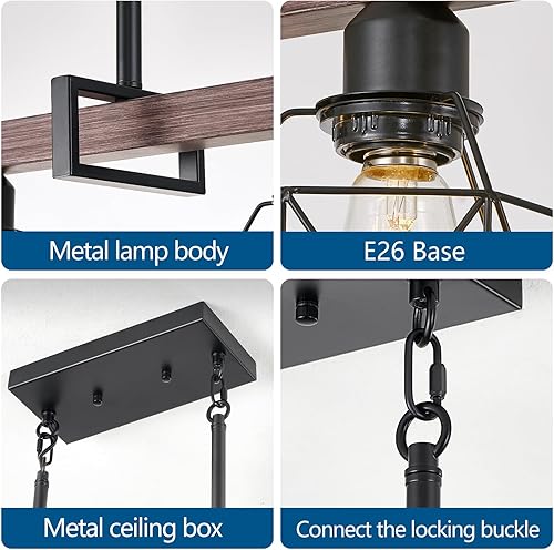 Miniatura 4 de Lámpara colgante industrial vintage de 3 luces sobre mesa, luz colgante ajustable con acabado de nogal y marco de metal negro mate, base E26 moderna