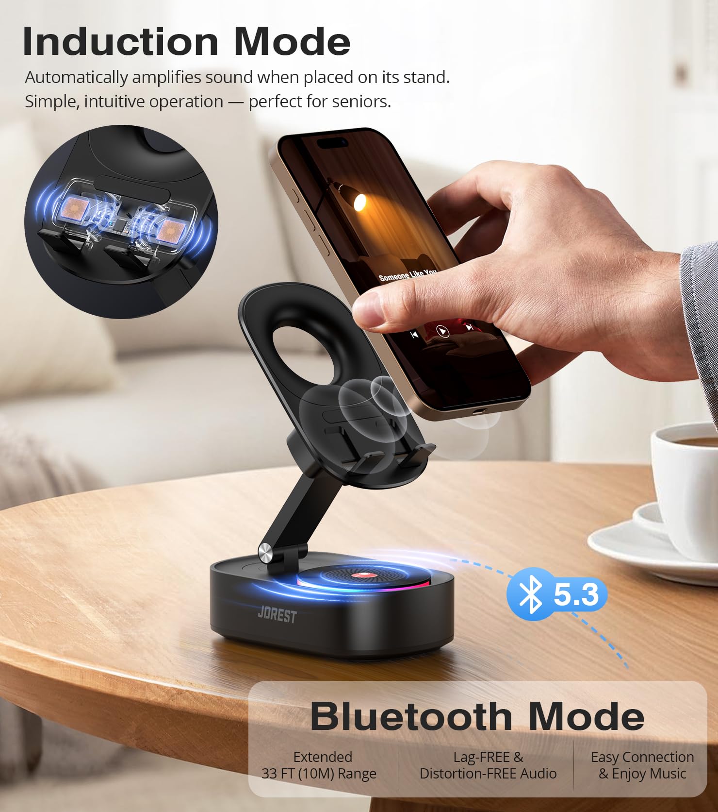 Jorest Enceintes Bluetooth avec Support Téléphone Mobile,Haut Parleur Induction avec Support Tablette,Compatible avec Iphone Ipad Tablet,Cadeau Anniversaire Homme,Cadeau Peres Maitresse Femme Maman