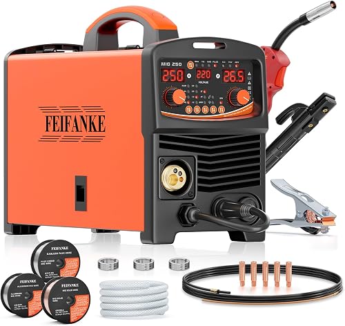 FEIFANKE Poste A Souder Fil Fourré 250A 230V 6 en 1 Sans Gaz MIG/Gaz MIG/MMA/Lift TIG/Soudage Point/Impulsion Unique IGBT Inverter Poste A Souder Mig Sans Gaz avec Avance Rapide Du Fil ContrôLe Gaz